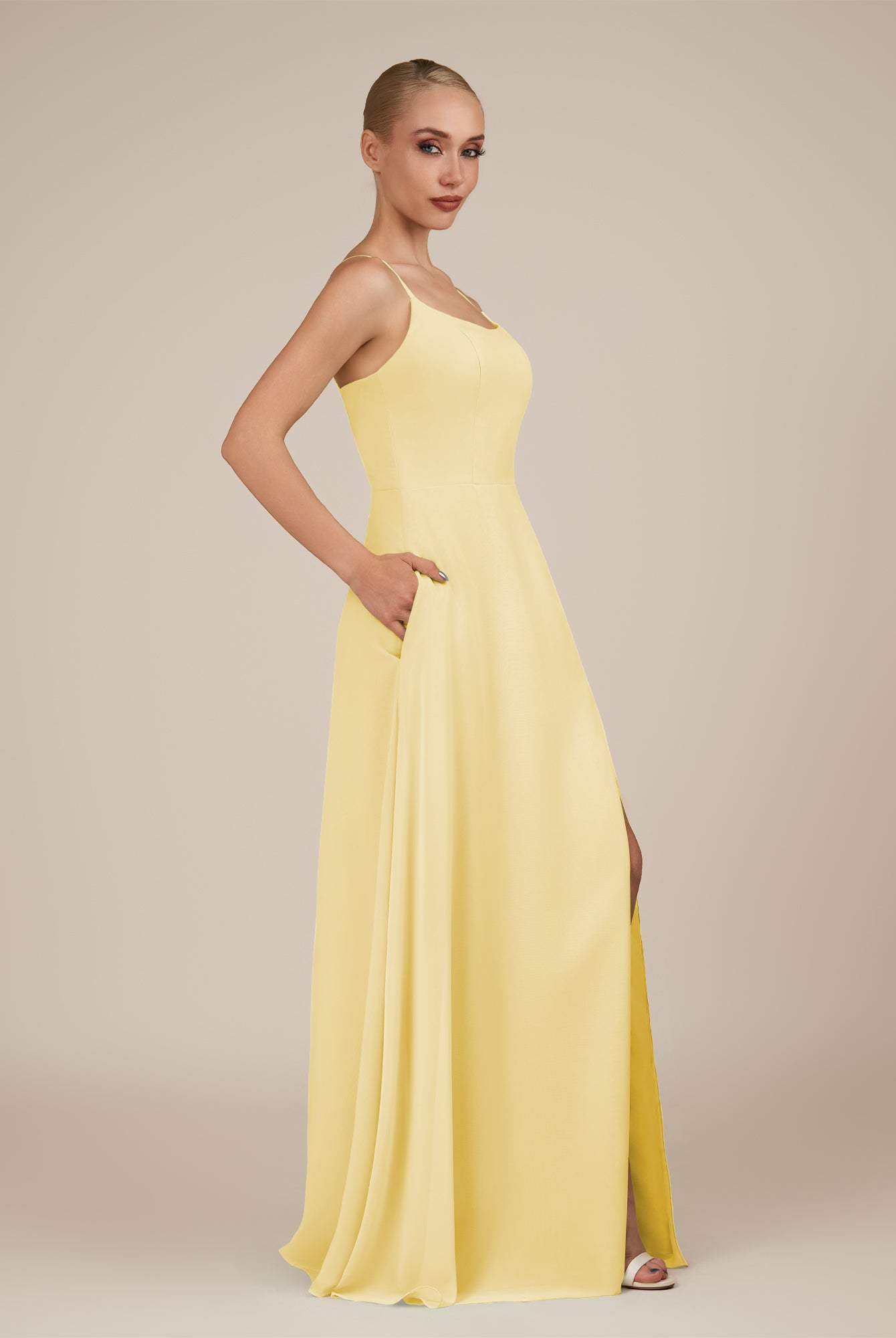 KissDress-Jovienne Pastel Yellow Sheath Scoop Neck Chiffon Long Bridesmaid Dress with Slit