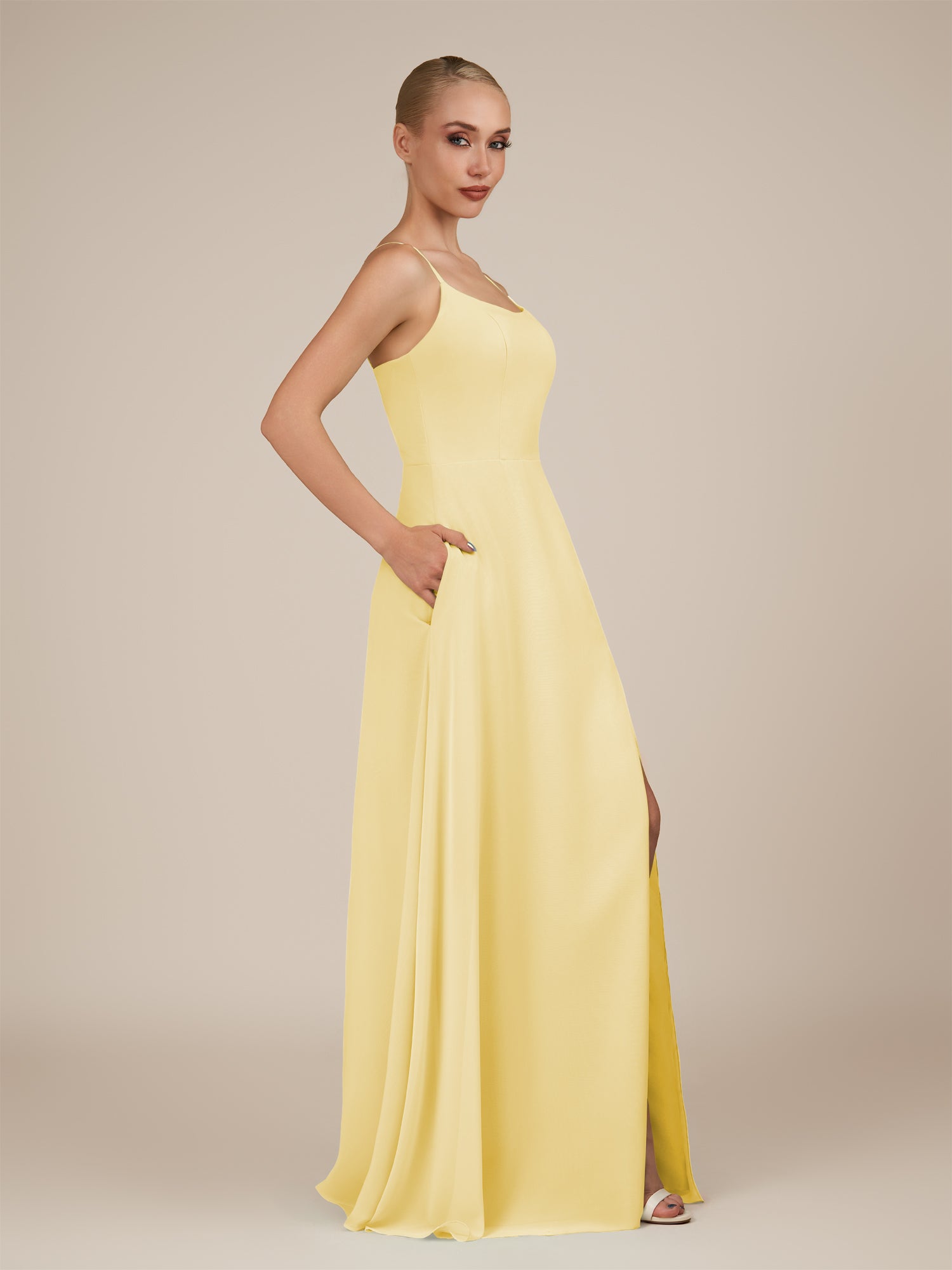 KissDress-Jovienne Pastel Yellow Sheath Scoop Neck Chiffon Long Bridesmaid Dress with Slit