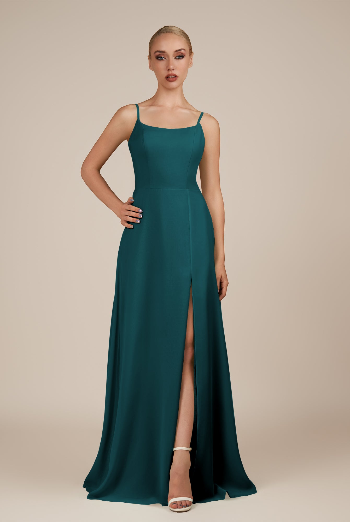 KissDress-Jovienne Pine Sheath Scoop Neck Chiffon Long Bridesmaid Dress with Slit
