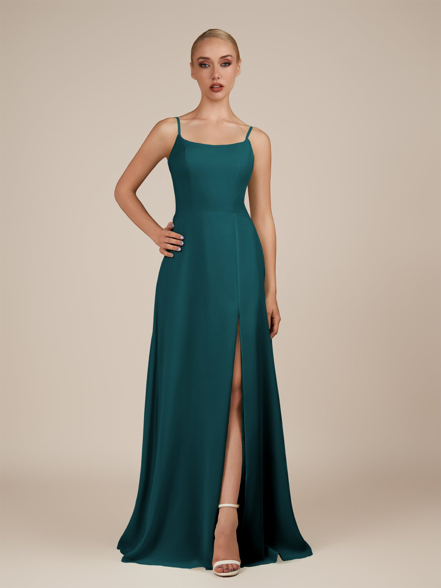 KissDress-Jovienne Pine Sheath Scoop Neck Chiffon Long Bridesmaid Dress with Slit