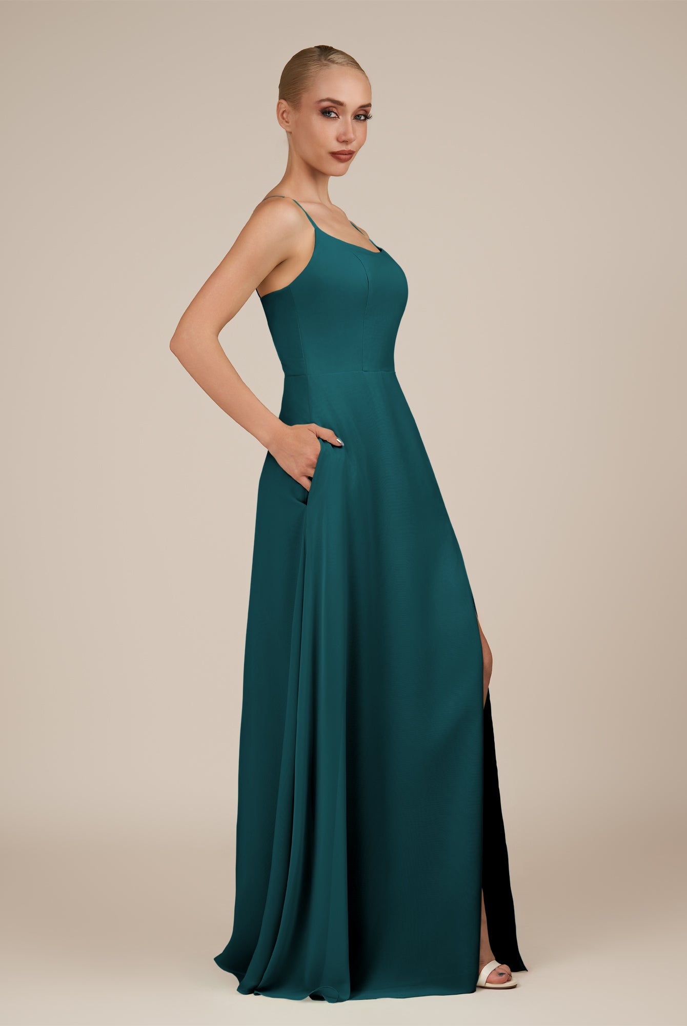 KissDress-Jovienne Pine Sheath Scoop Neck Chiffon Long Bridesmaid Dress with Slit