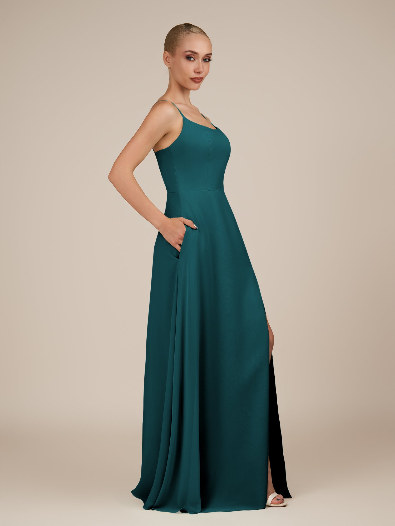 KissDress-Jovienne Pine Sheath Scoop Neck Chiffon Long Bridesmaid Dress with Slit