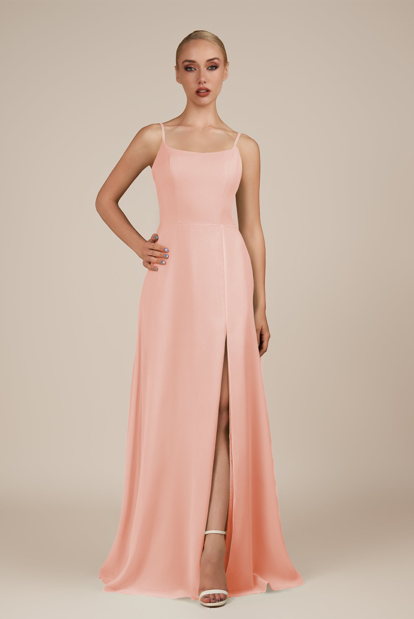 KissDress-Jovienne Rose Petal Sheath Scoop Neck Chiffon Long Bridesmaid Dress with Slit