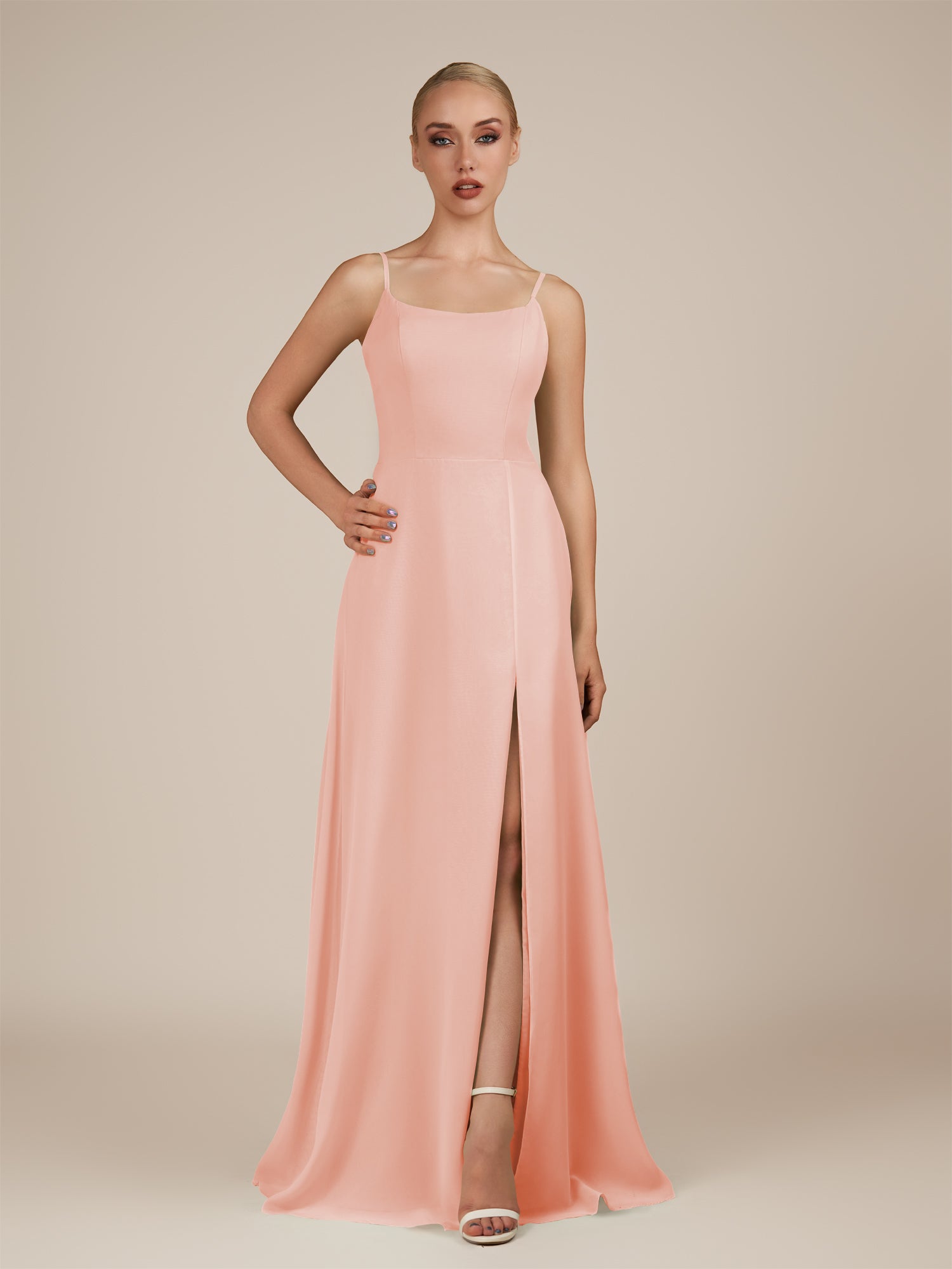 KissDress-Jovienne Rose Petal Sheath Scoop Neck Chiffon Long Bridesmaid Dress with Slit