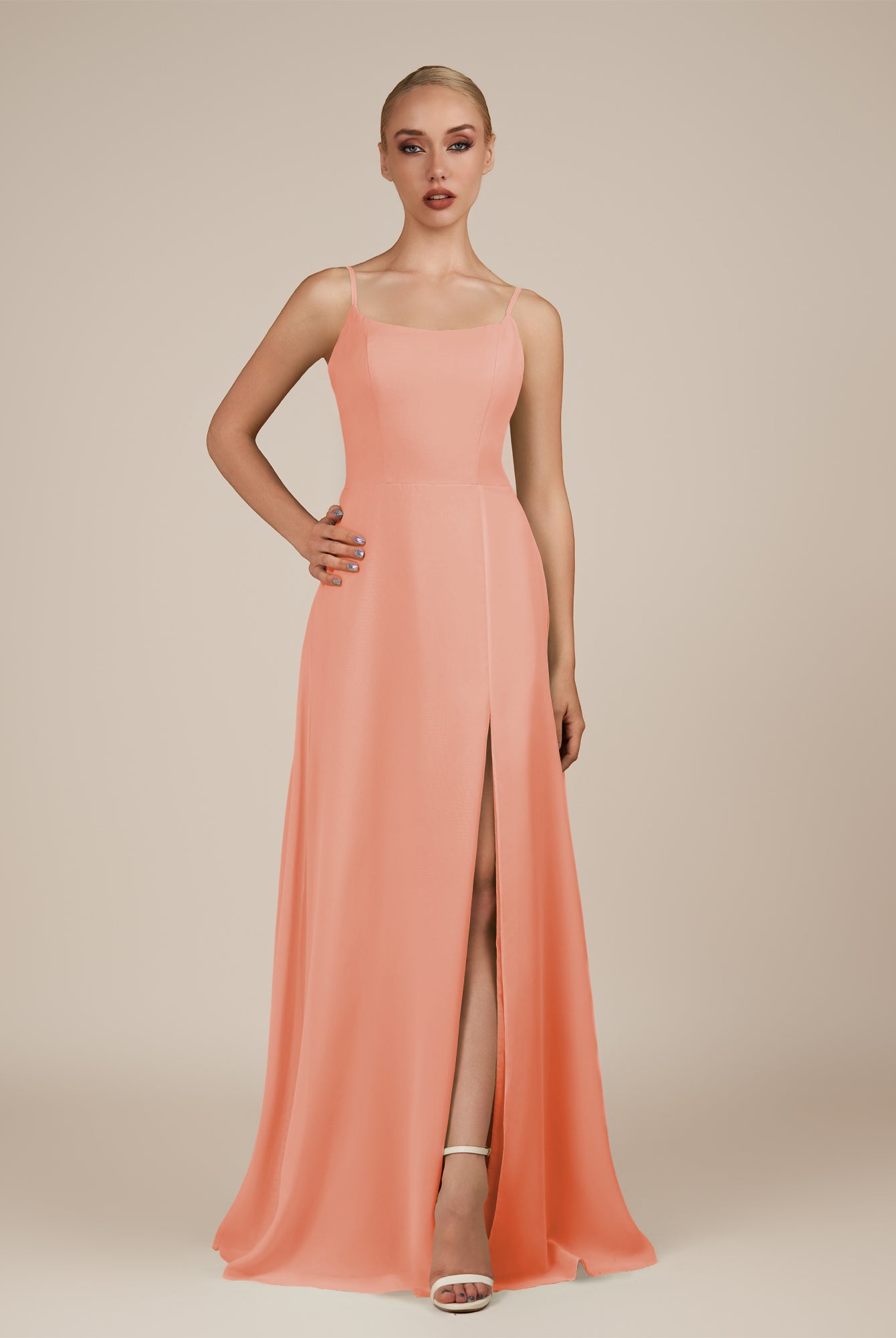 KissDress-Jovienne Rosette Sheath Scoop Neck Chiffon Long Bridesmaid Dress with Slit