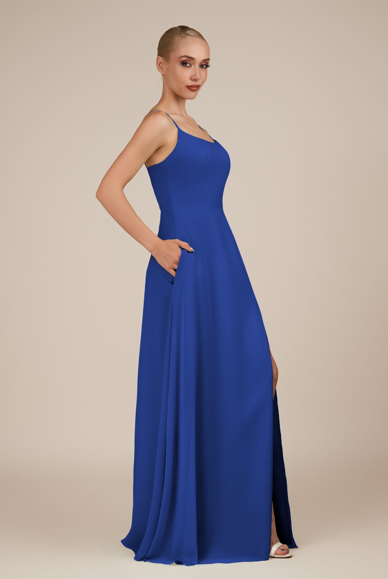 KissDress-Jovienne Royal Blue Sheath Scoop Neck Chiffon Long Bridesmaid Dress with Slit