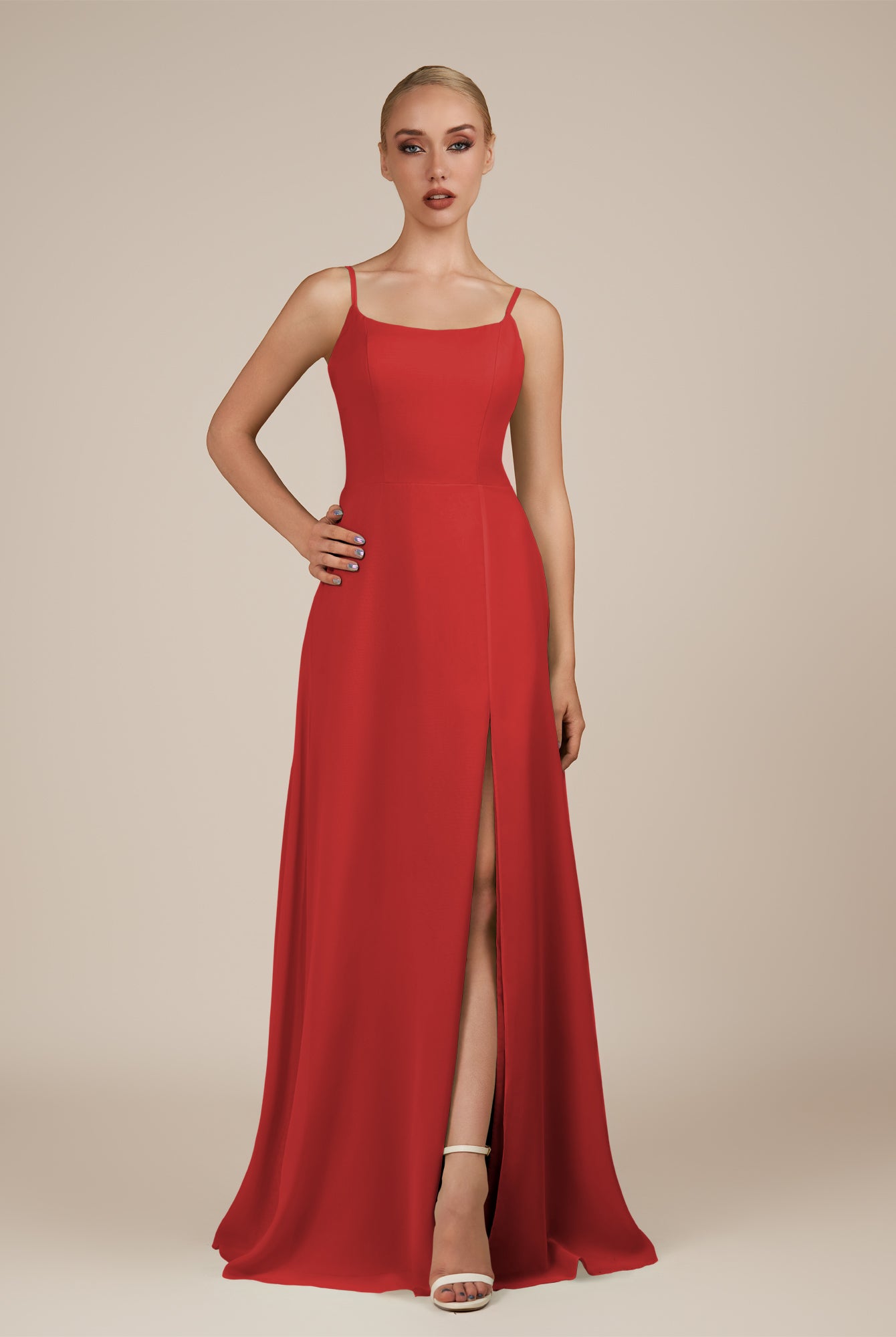 KissDress-Jovienne Ruby Red Sheath Scoop Neck Chiffon Long Bridesmaid Dress with Slit
