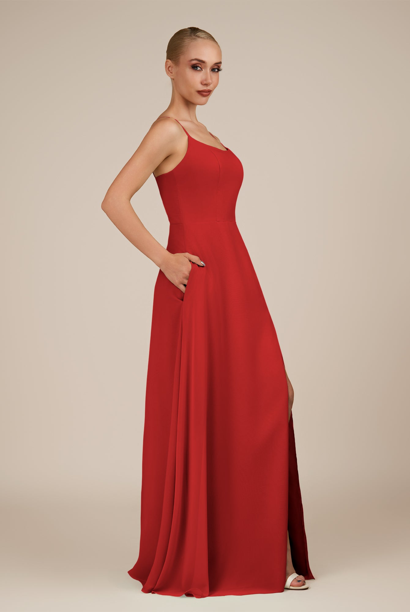 KissDress-Jovienne Ruby Red Sheath Scoop Neck Chiffon Long Bridesmaid Dress with Slit