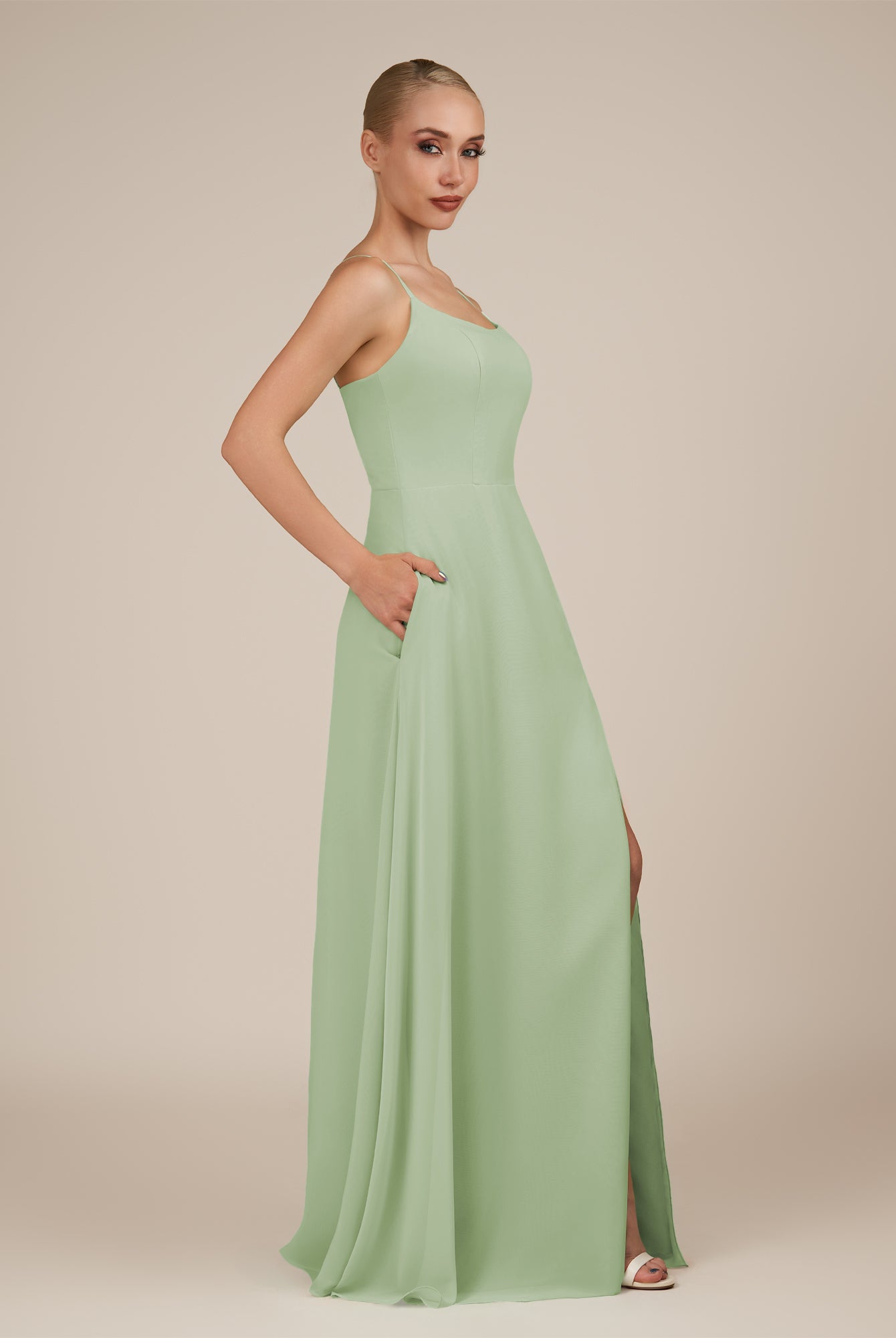 KissDress-Jovienne Sage Sheath Scoop Neck Chiffon Long Bridesmaid Dress with Slit