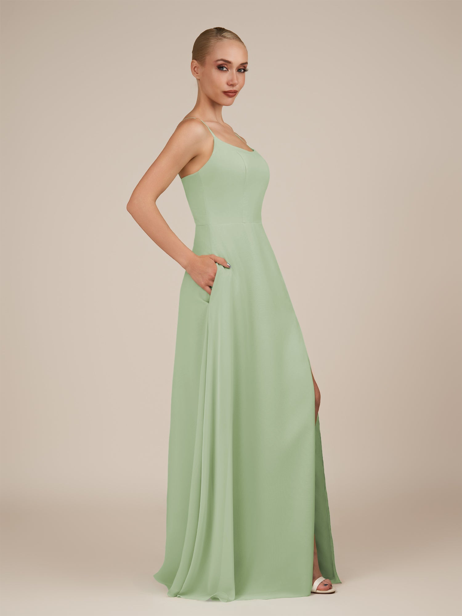 KissDress-Jovienne Sage Sheath Scoop Neck Chiffon Long Bridesmaid Dress with Slit