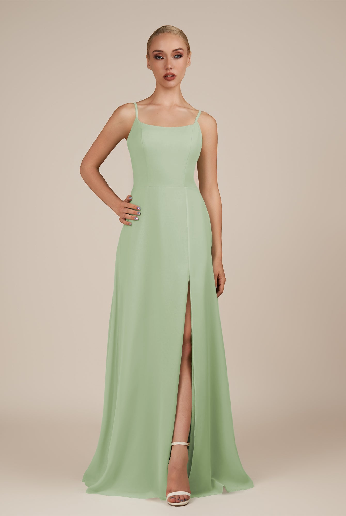 KissDress-Jovienne Sage Sheath Scoop Neck Chiffon Long Bridesmaid Dress with Slit