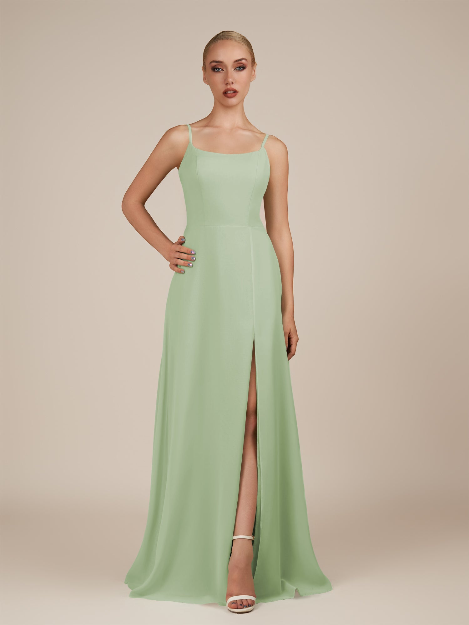 KissDress-Jovienne Sage Sheath Scoop Neck Chiffon Long Bridesmaid Dress with Slit