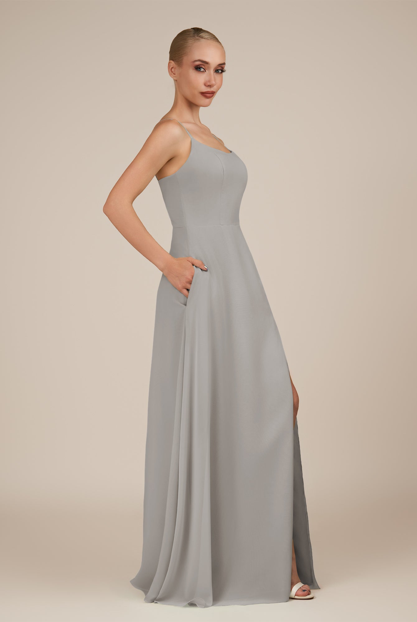 KissDress-Jovienne Silver Sheath Scoop Neck Chiffon Long Bridesmaid Dress with Slit