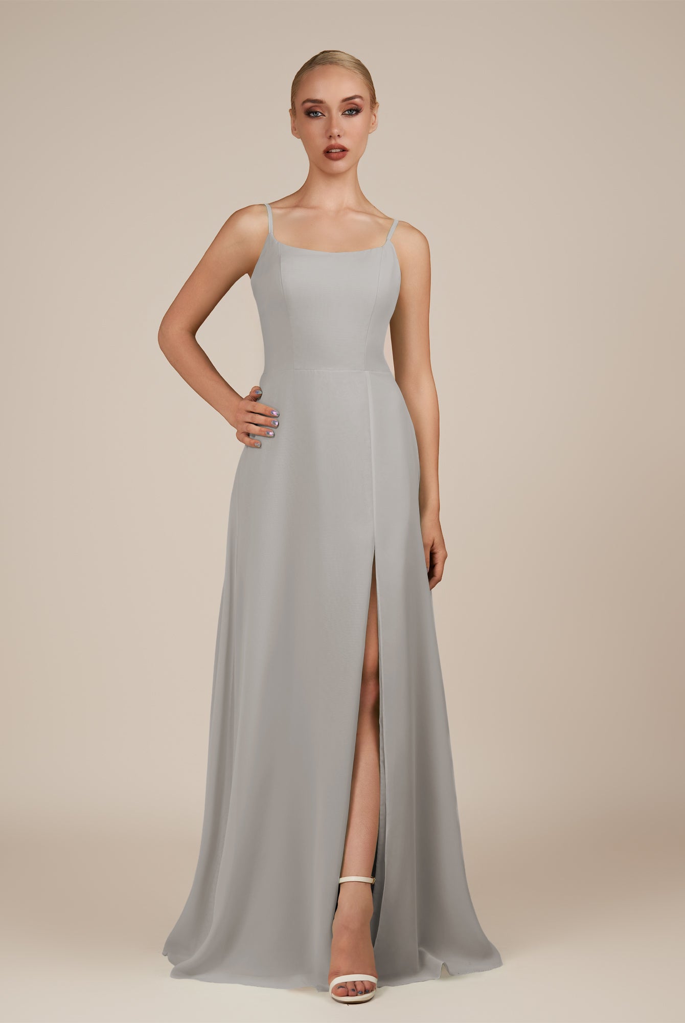 KissDress-Jovienne Silver Sheath Scoop Neck Chiffon Long Bridesmaid Dress with Slit