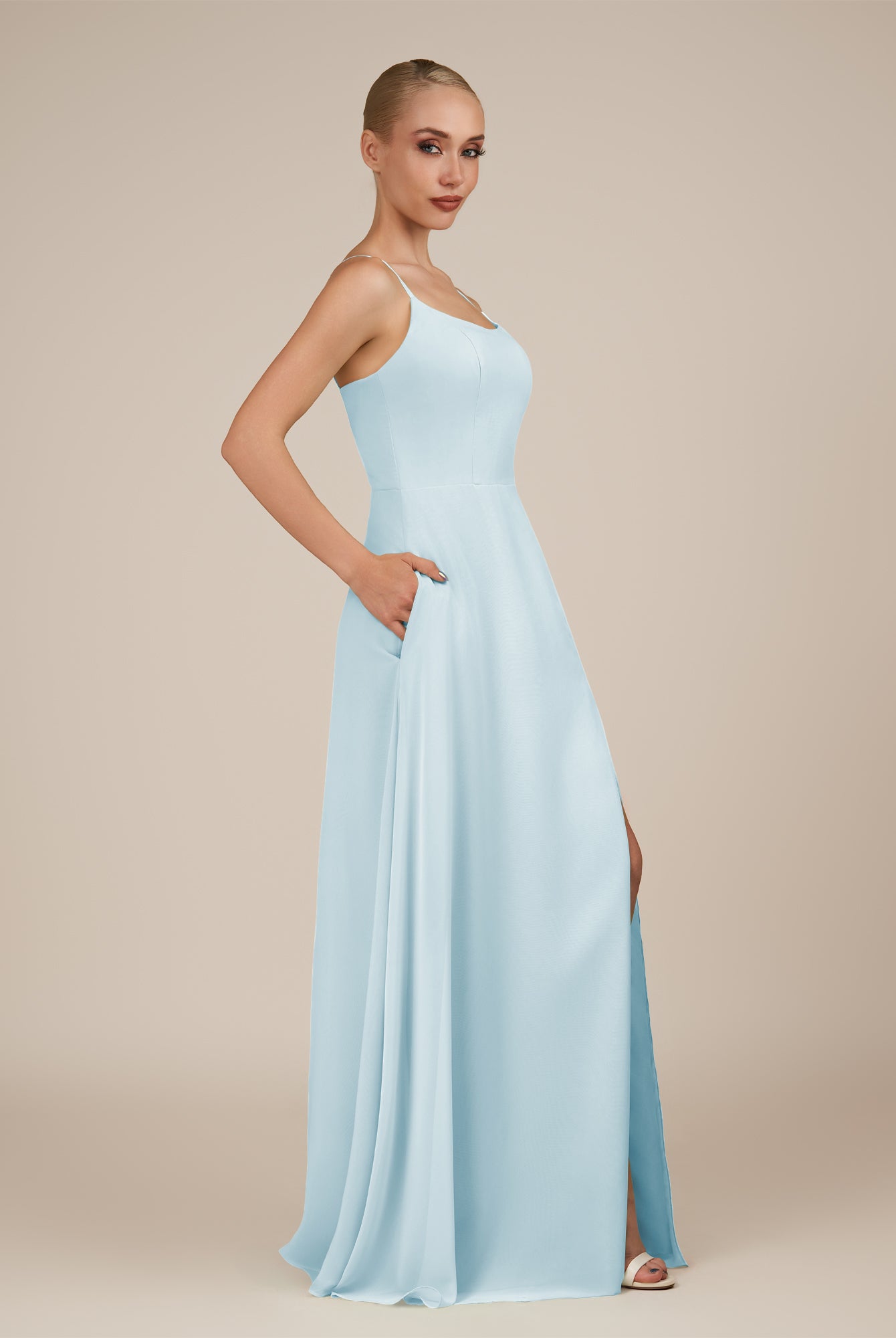 KissDress-Jovienne Sky Blue Sheath Scoop Neck Chiffon Long Bridesmaid Dress with Slit