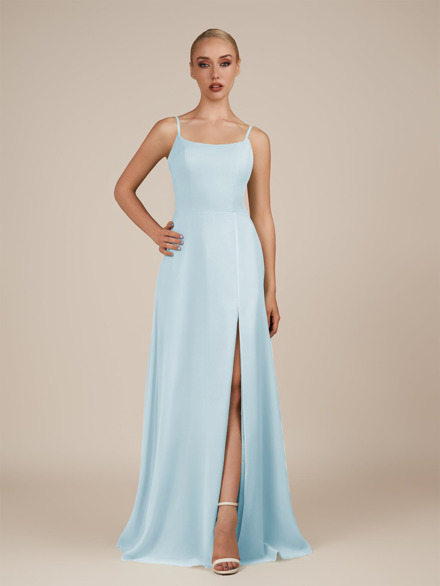KissDress-Jovienne Sky Blue Sheath Scoop Neck Chiffon Long Bridesmaid Dress with Slit