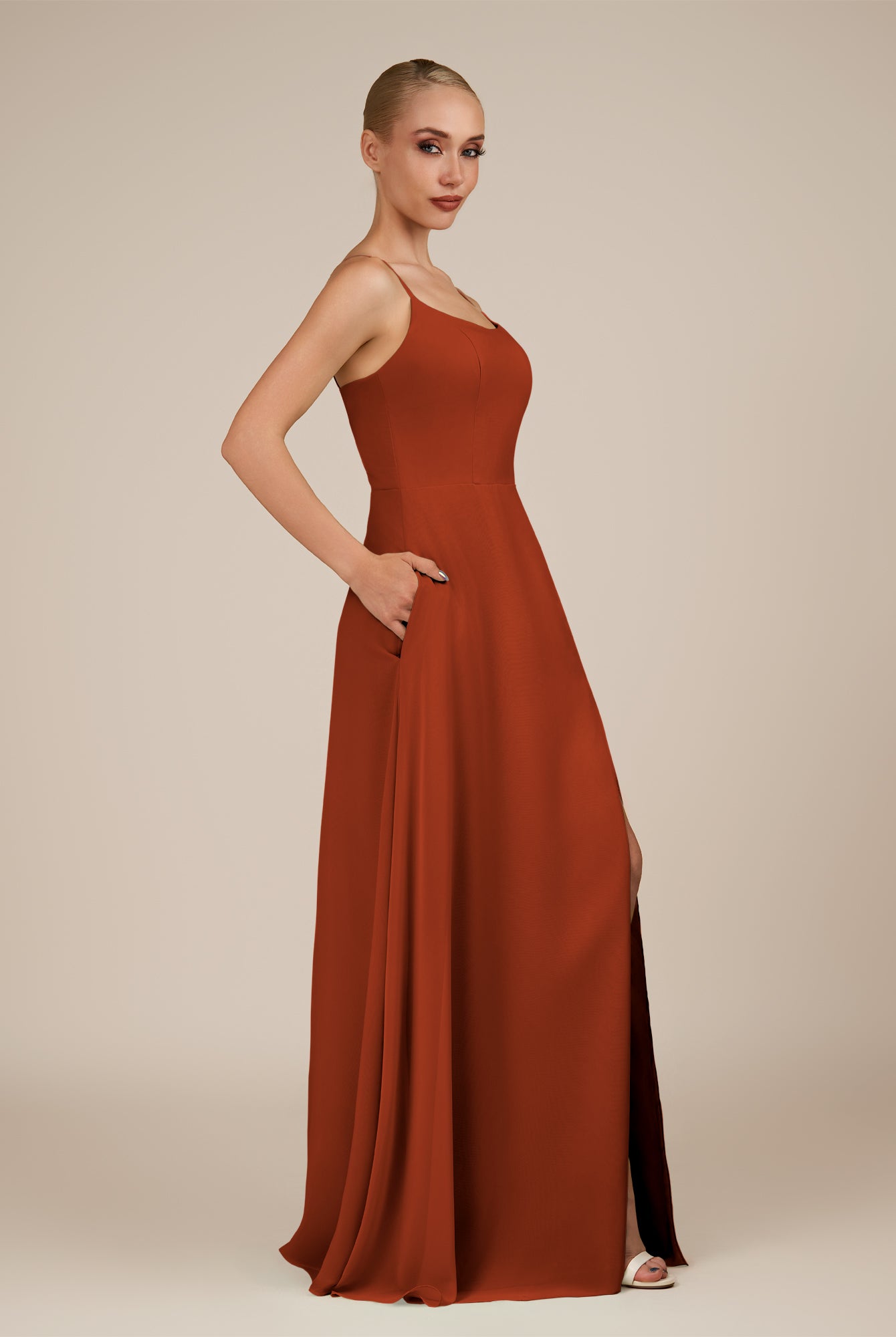 KissDress-Jovienne Spice Sheath Scoop Neck Chiffon Long Bridesmaid Dress with Slit