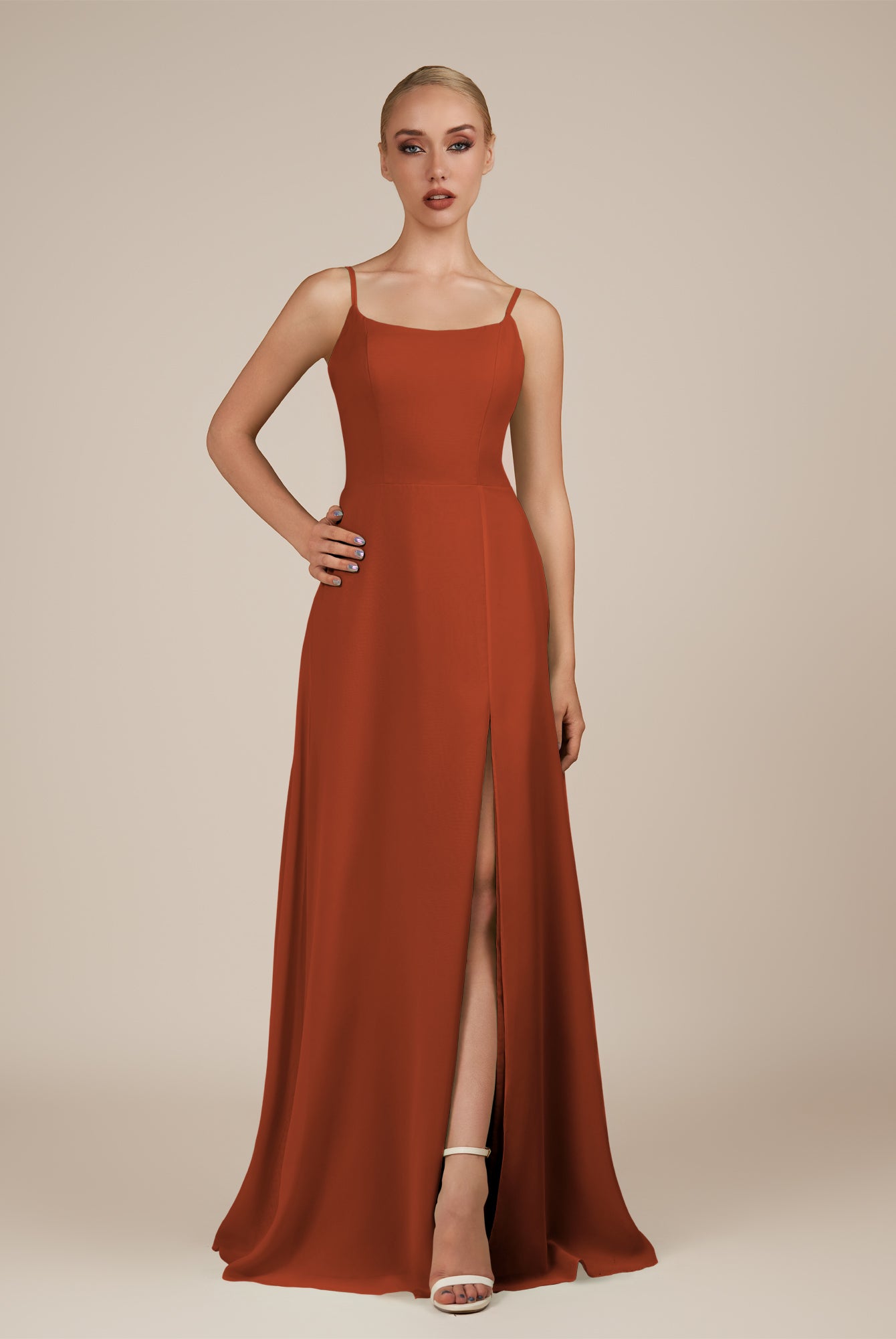 KissDress-Jovienne Spice Sheath Scoop Neck Chiffon Long Bridesmaid Dress with Slit