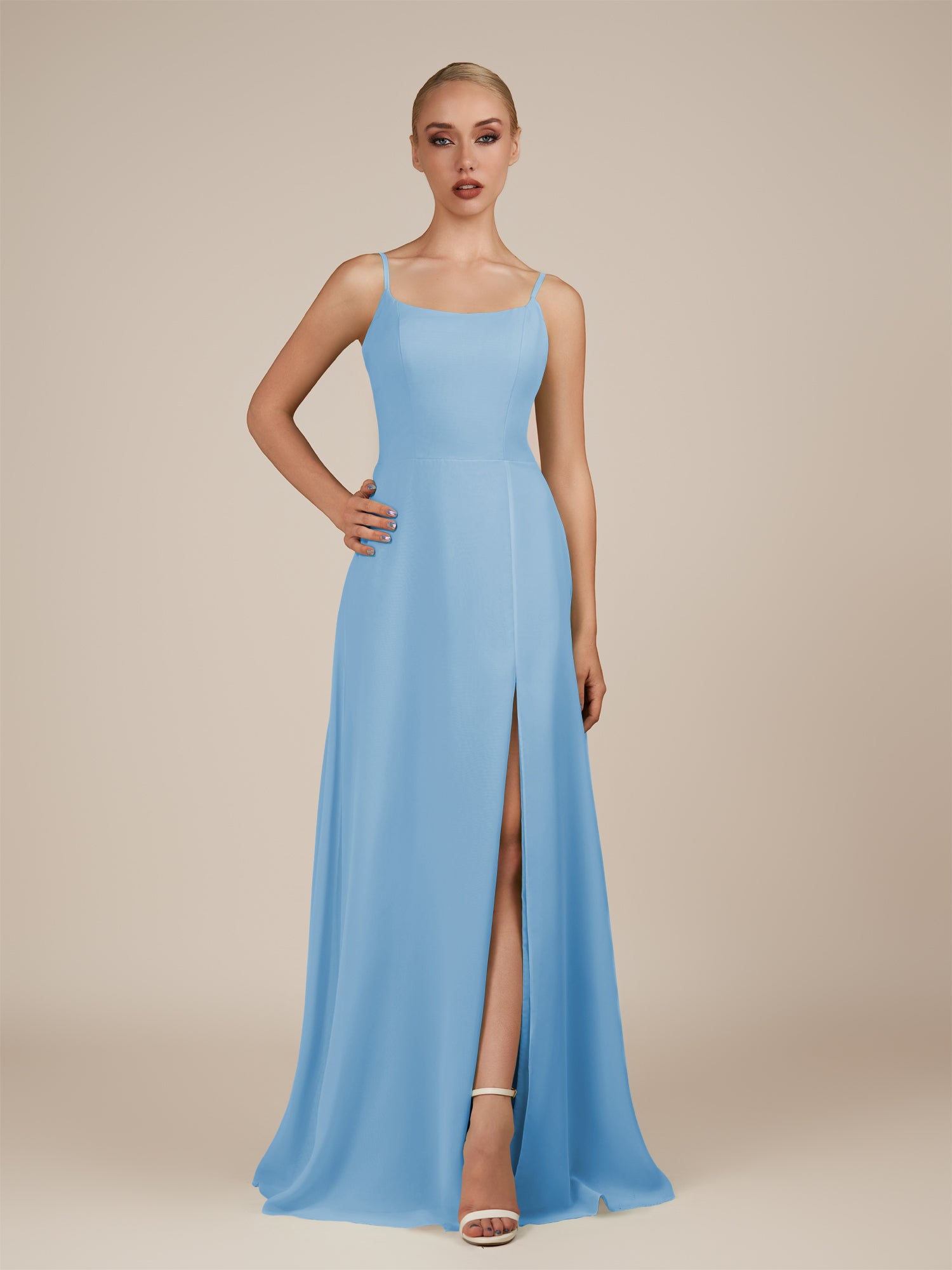 KissDress-Jovienne Steel Blue Sheath Scoop Neck Chiffon Long Bridesmaid Dress with Slit
