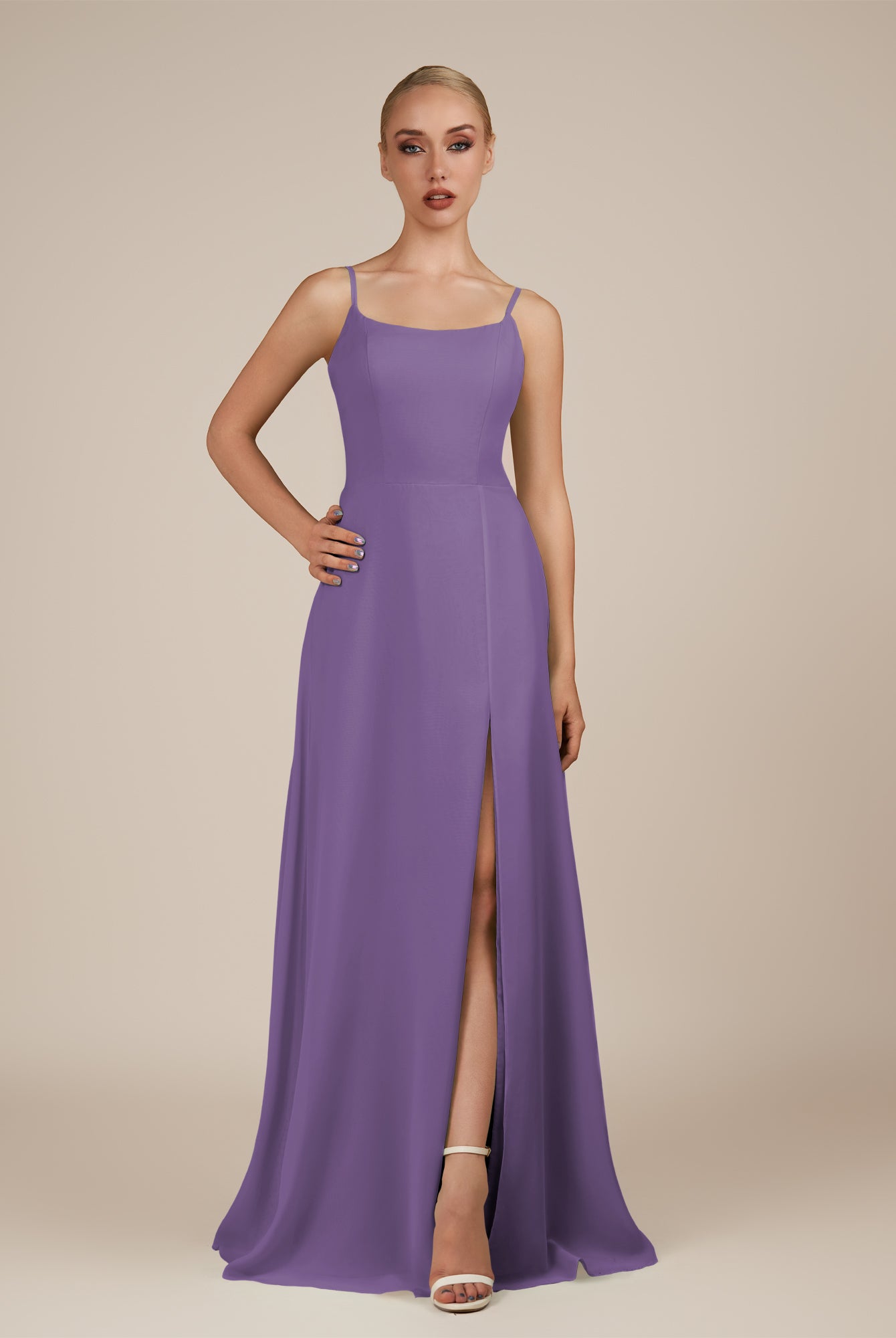 KissDress-Jovienne Tahiti Sheath Scoop Neck Chiffon Long Bridesmaid Dress with Slit