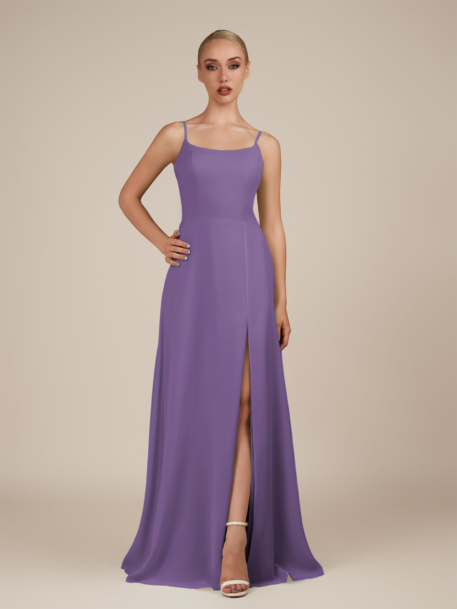 KissDress-Jovienne Tahiti Sheath Scoop Neck Chiffon Long Bridesmaid Dress with Slit
