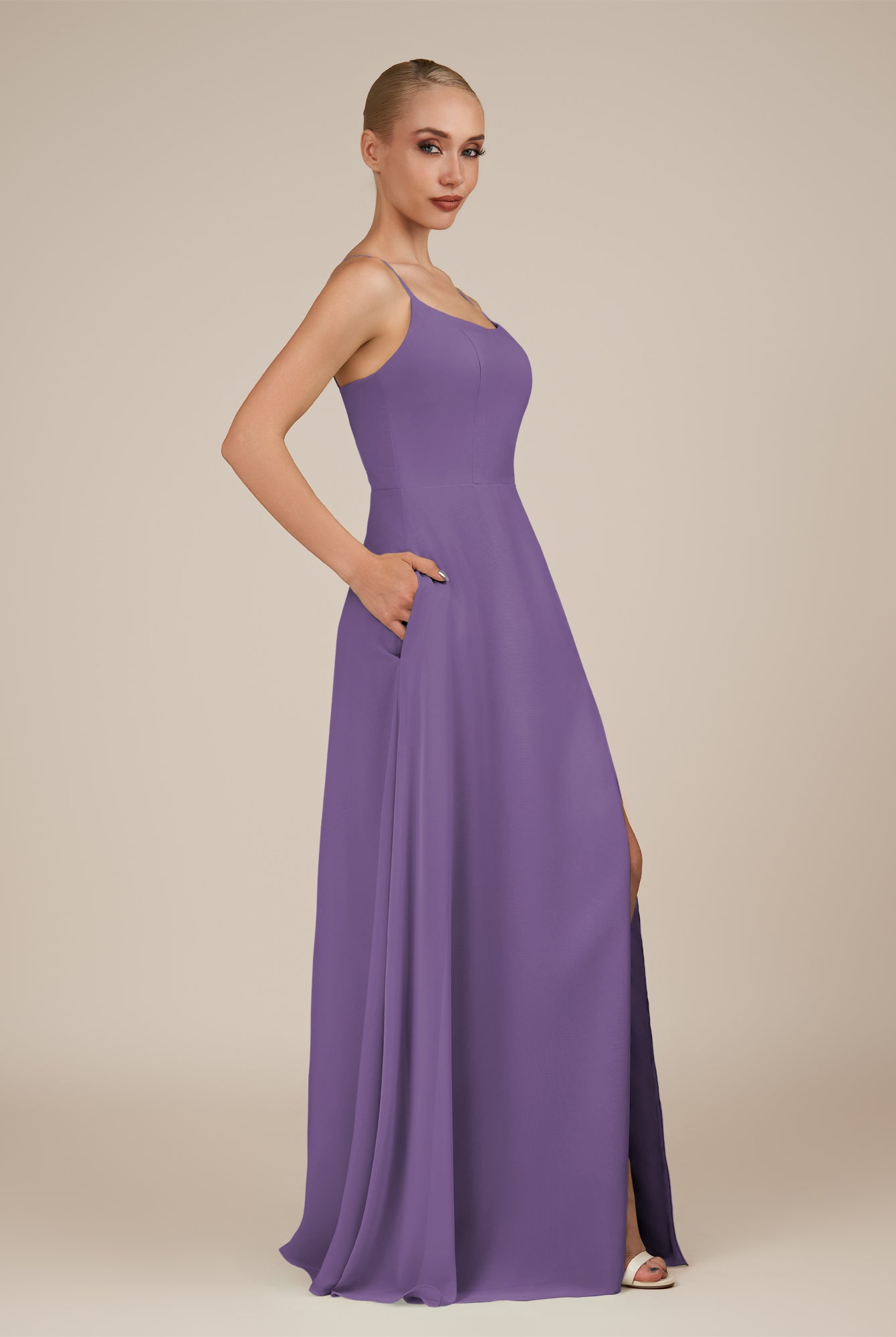 KissDress-Jovienne Tahiti Sheath Scoop Neck Chiffon Long Bridesmaid Dress with Slit