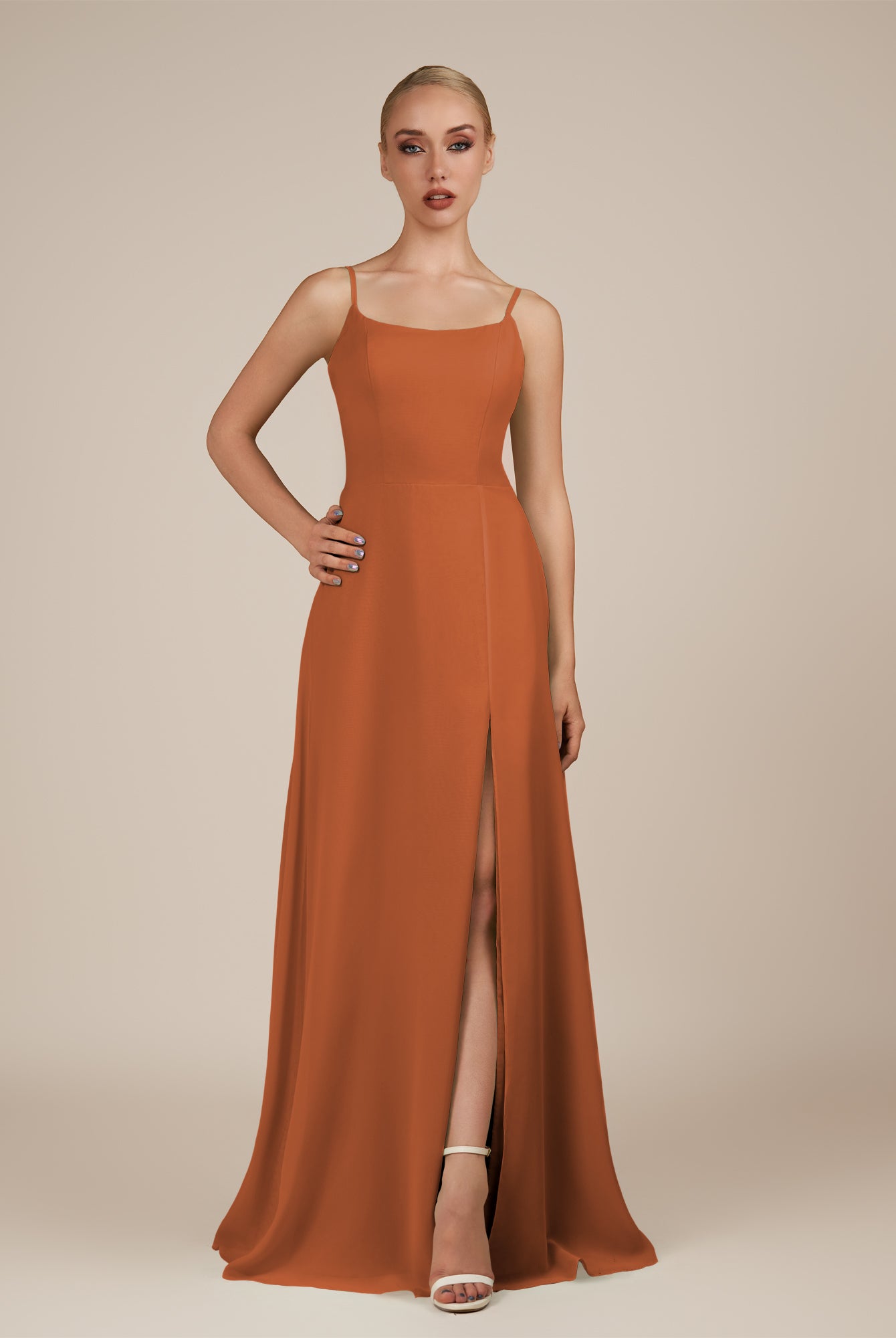 KissDress-Jovienne Terracotta Sheath Scoop Neck Chiffon Long Bridesmaid Dress with Slit