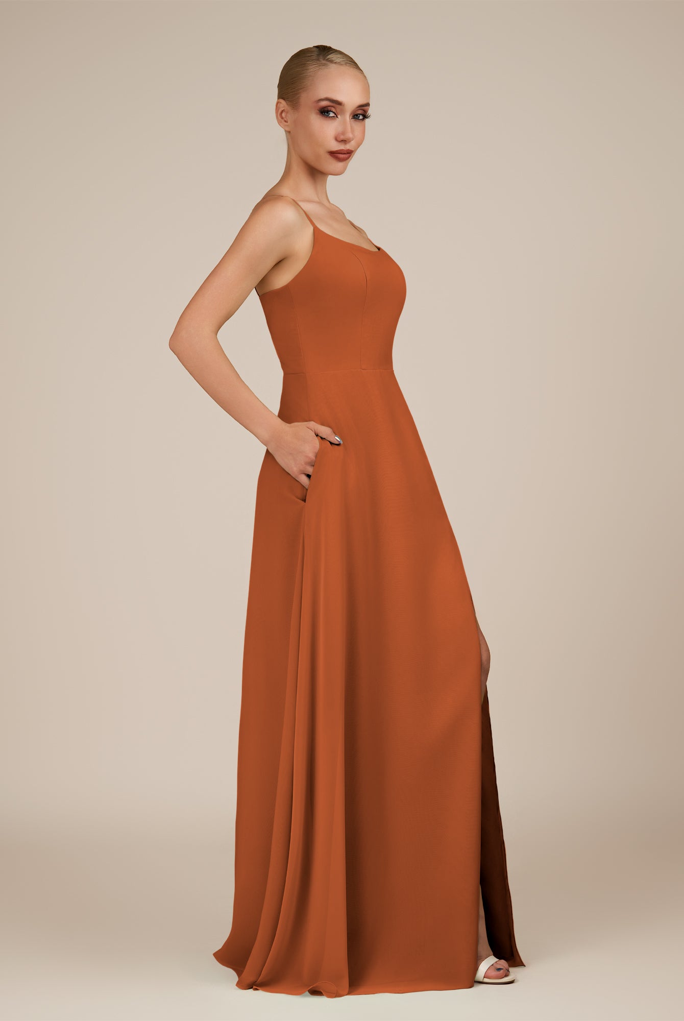 KissDress-Jovienne Terracotta Sheath Scoop Neck Chiffon Long Bridesmaid Dress with Slit