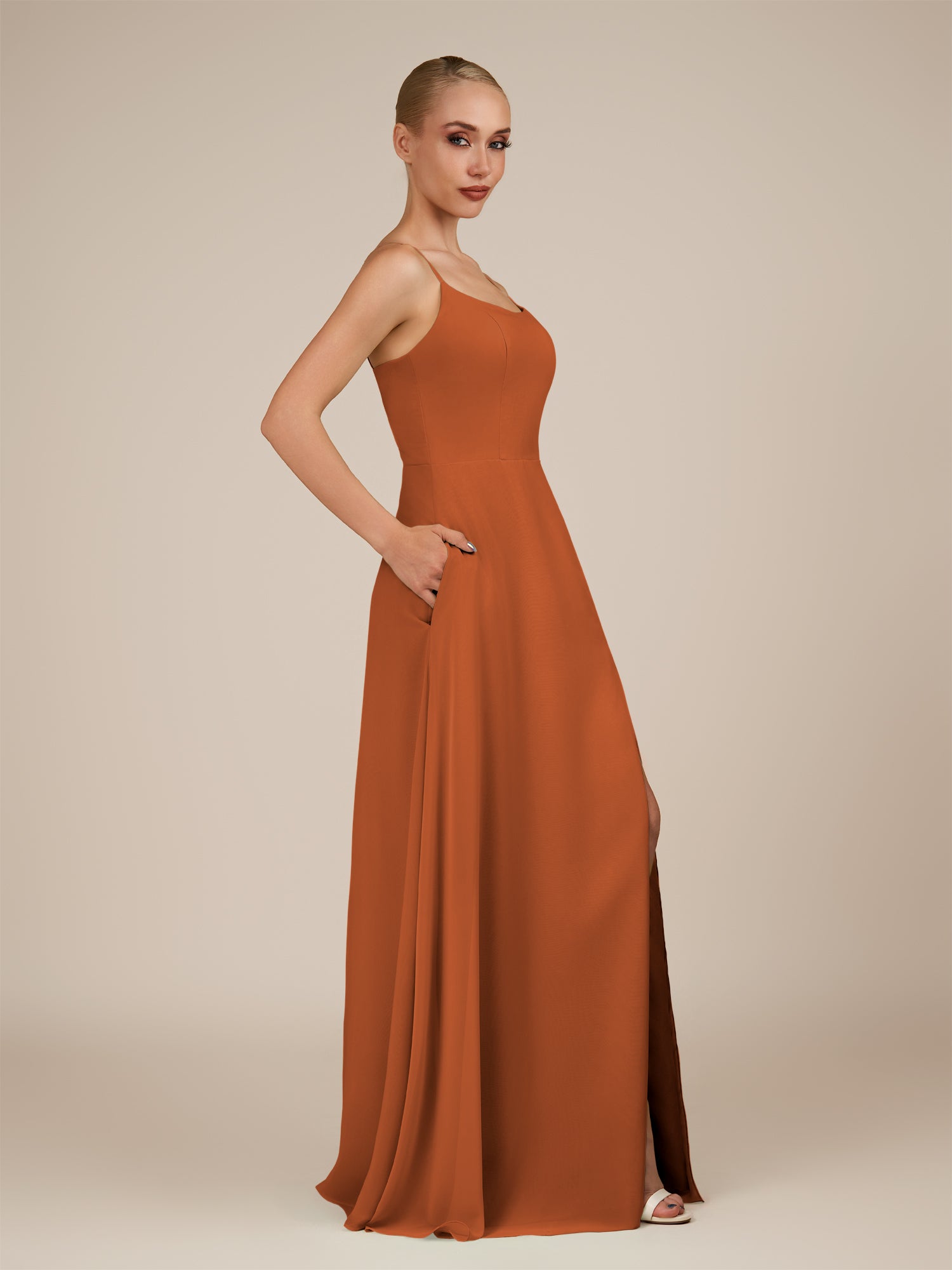 KissDress-Jovienne Terracotta Sheath Scoop Neck Chiffon Long Bridesmaid Dress with Slit