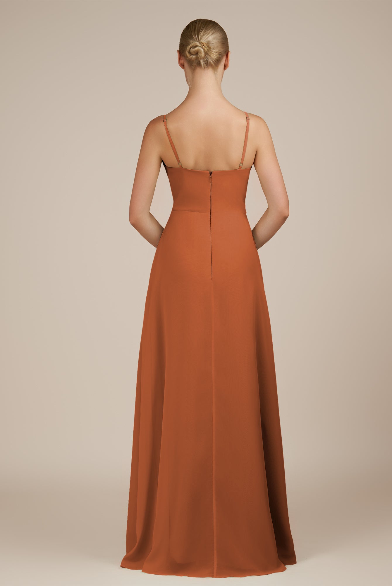 KissDress-Jovienne Terracotta Sheath Scoop Neck Chiffon Long Bridesmaid Dress with Slit
