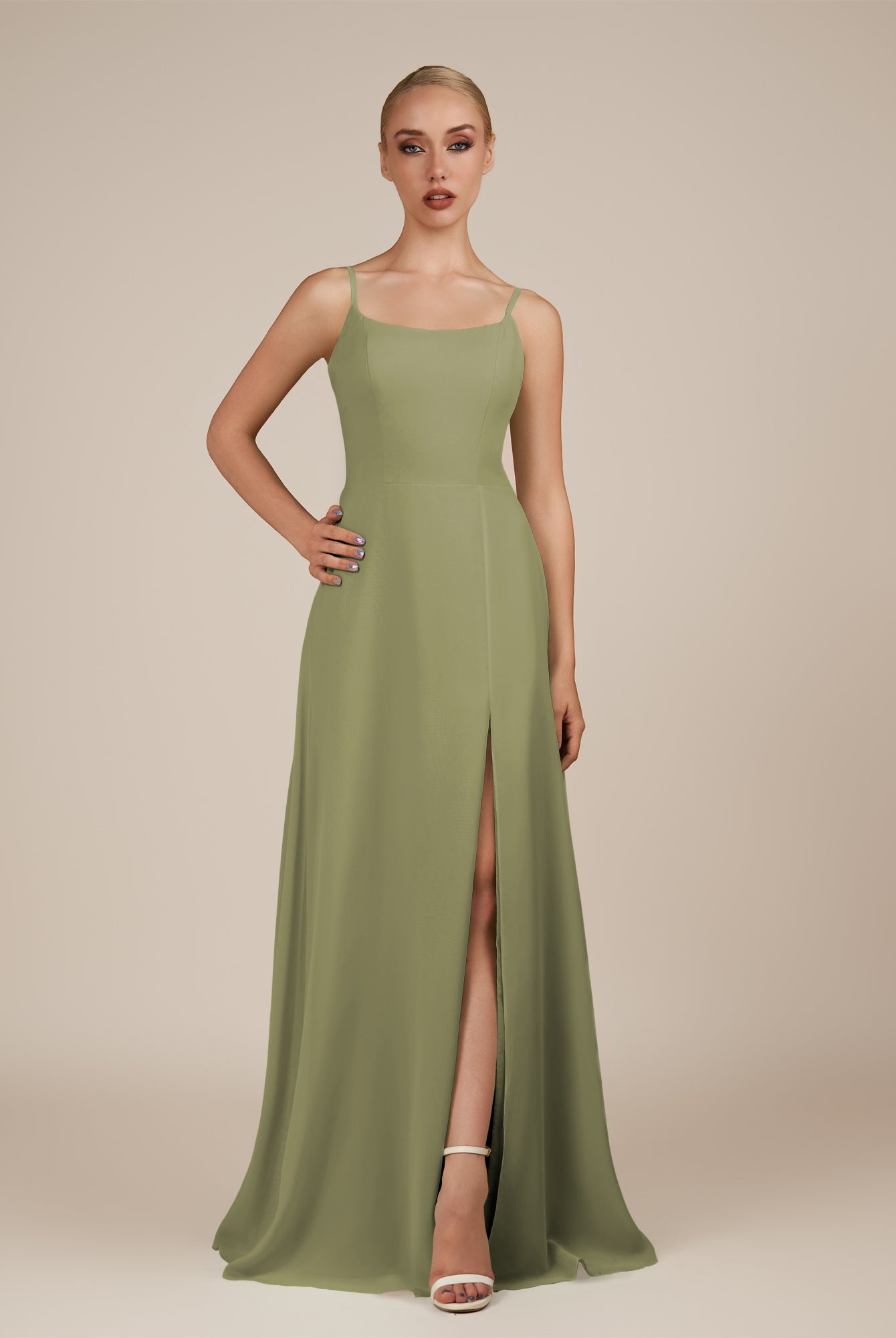 KissDress-Jovienne Thyme Sheath Scoop Neck Chiffon Long Bridesmaid Dress with Slit