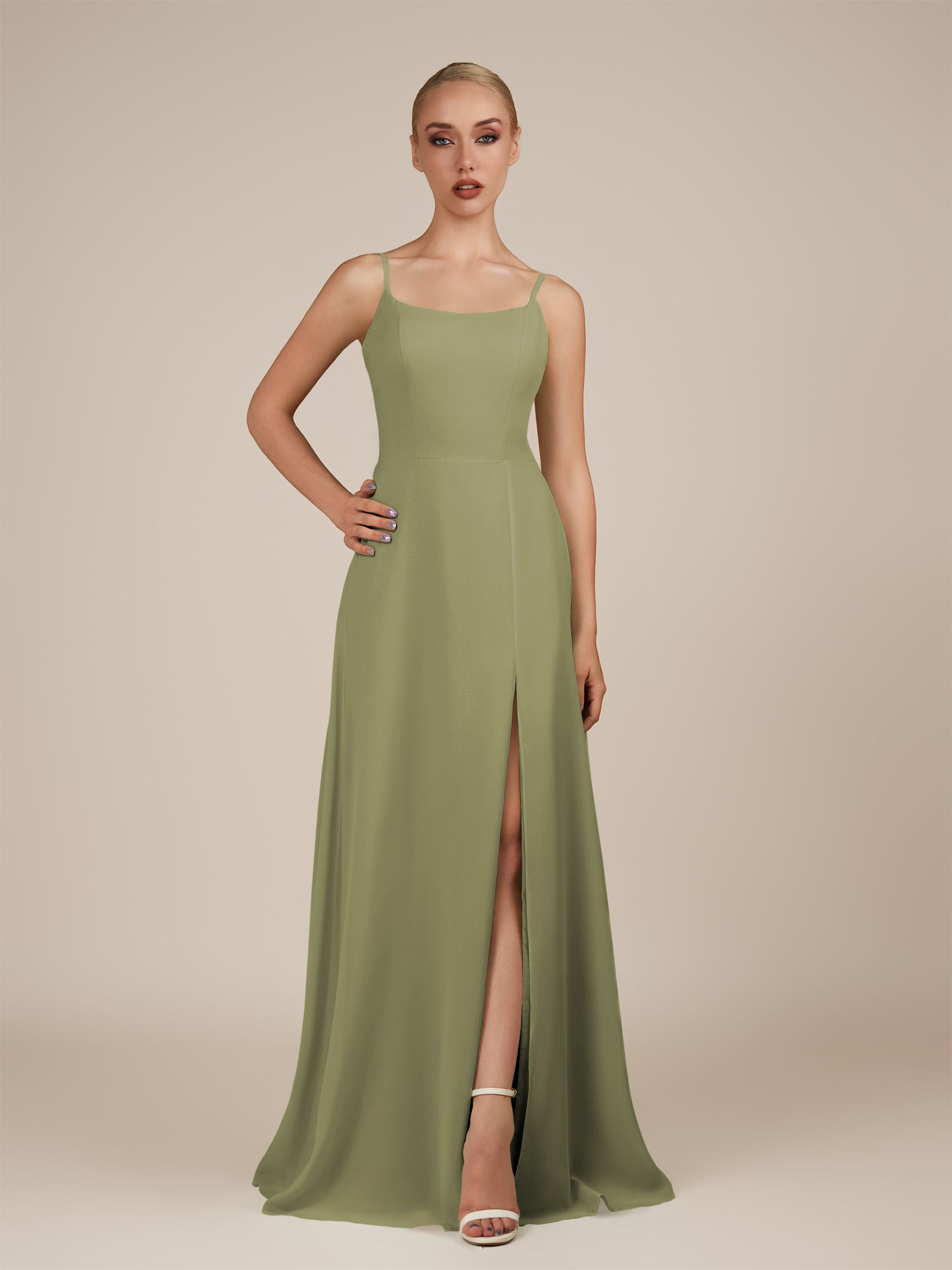 KissDress-Jovienne Thyme Sheath Scoop Neck Chiffon Long Bridesmaid Dress with Slit