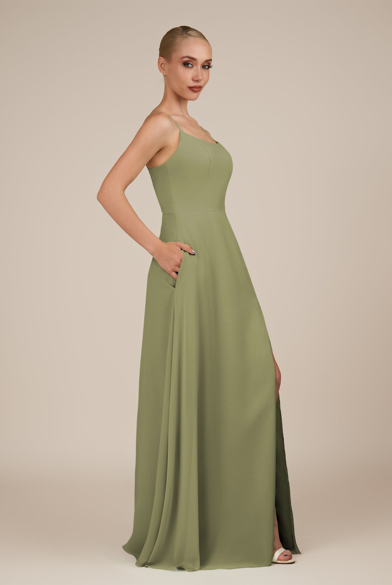 KissDress-Jovienne Thyme Sheath Scoop Neck Chiffon Long Bridesmaid Dress with Slit