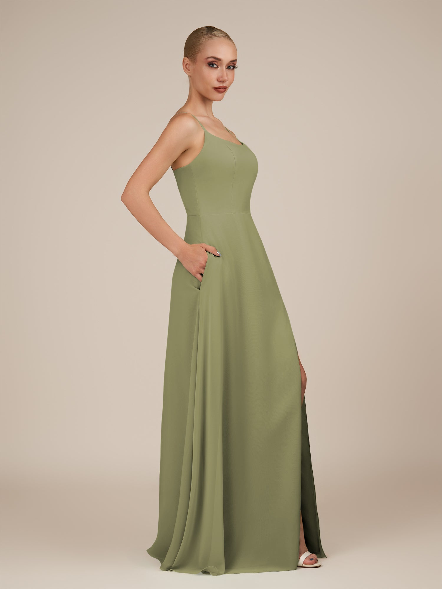 KissDress-Jovienne Thyme Sheath Scoop Neck Chiffon Long Bridesmaid Dress with Slit