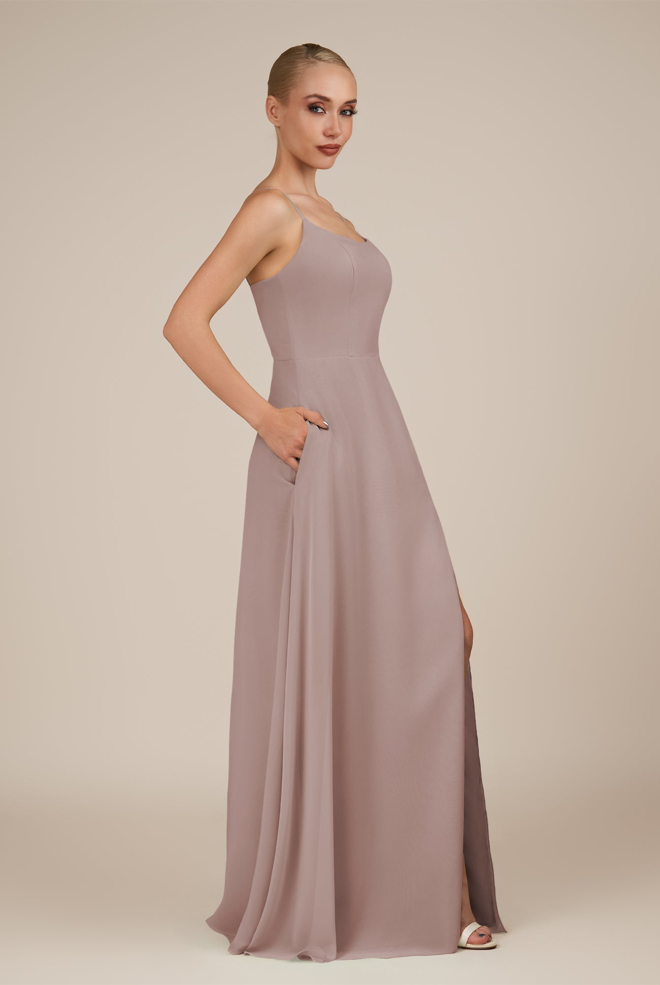 KissDress-Jovienne Toffee Sheath Scoop Neck Chiffon Long Bridesmaid Dress with Slit