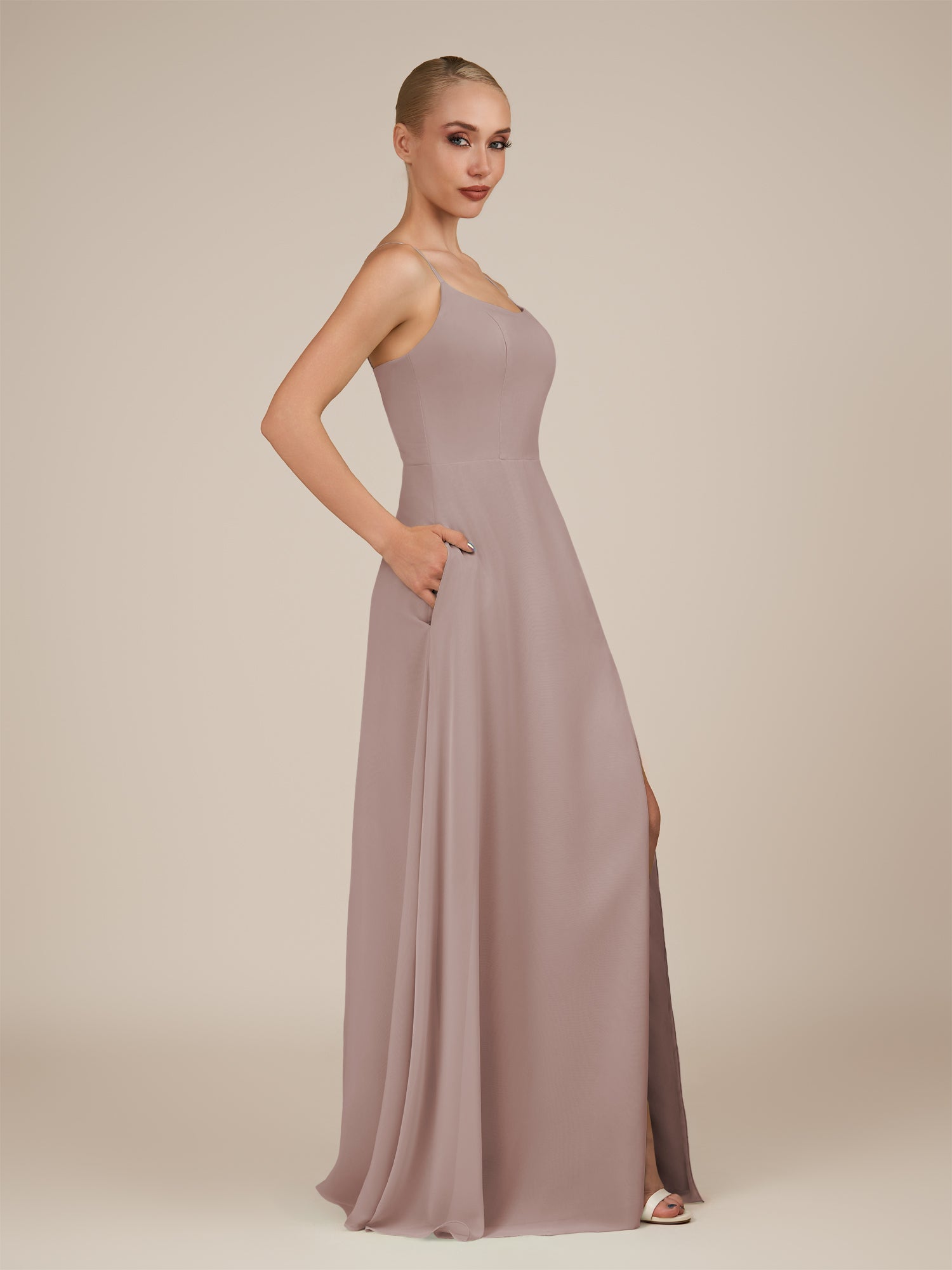 KissDress-Jovienne Toffee Sheath Scoop Neck Chiffon Long Bridesmaid Dress with Slit