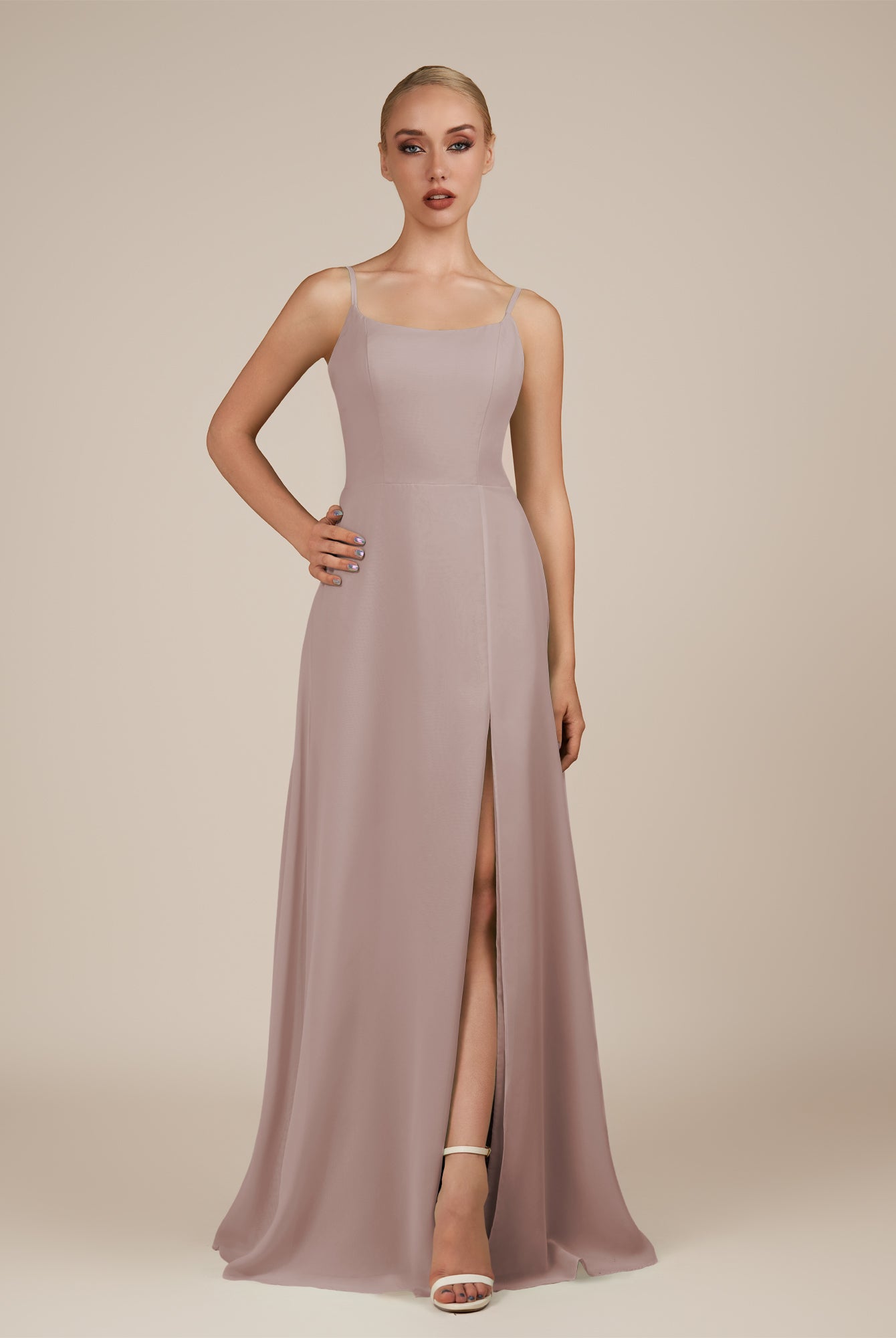 KissDress-Jovienne Toffee Sheath Scoop Neck Chiffon Long Bridesmaid Dress with Slit