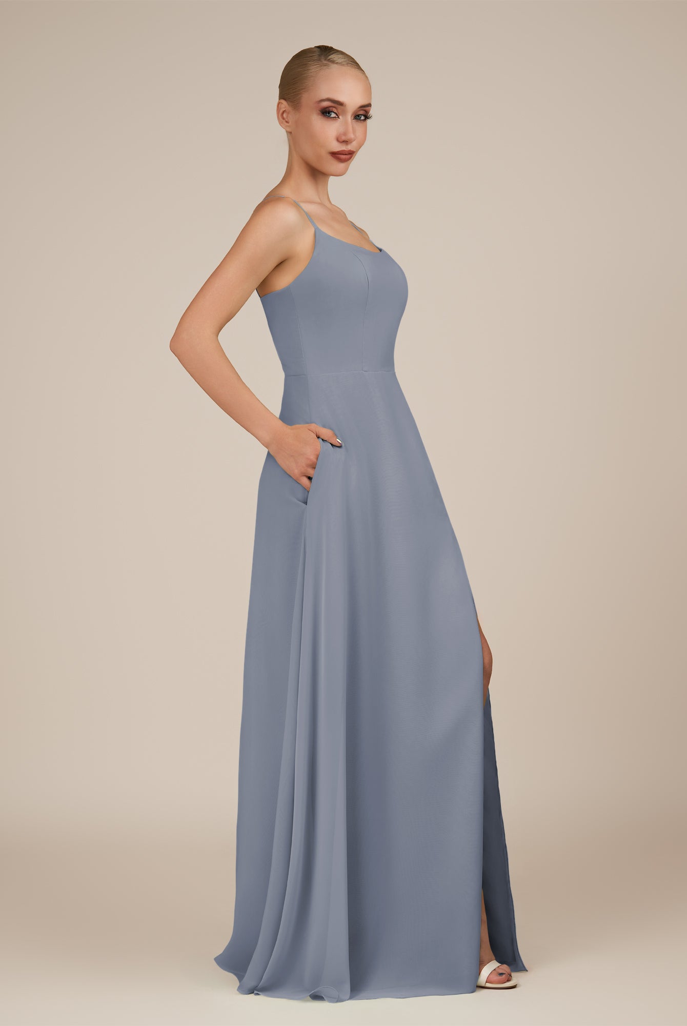 KissDress-Jovienne Twilight Sheath Scoop Neck Chiffon Long Bridesmaid Dress with Slit