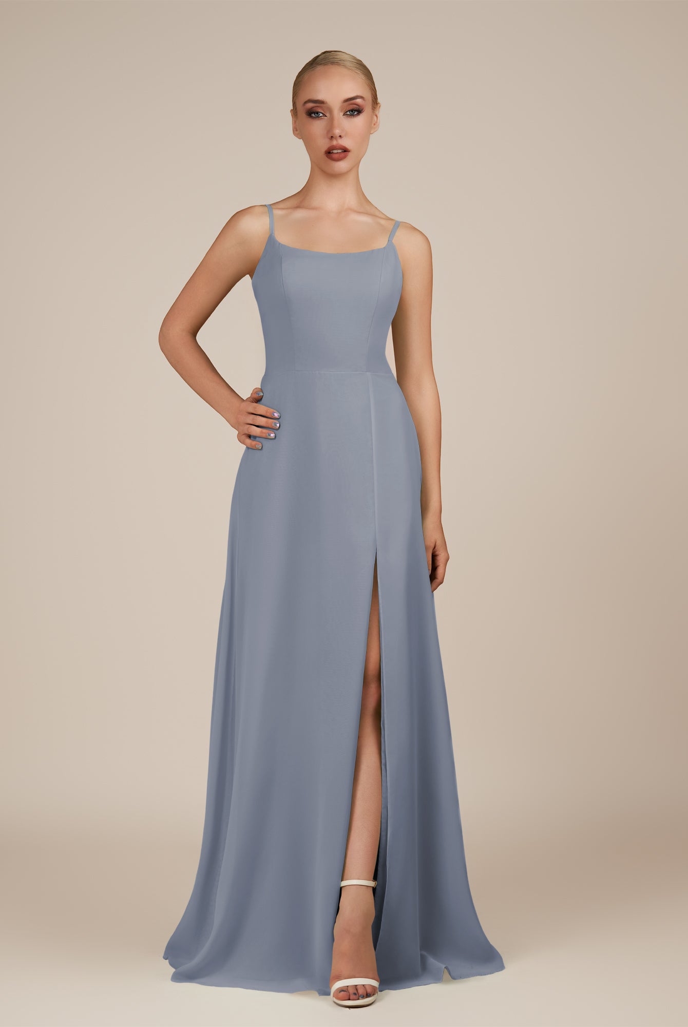 KissDress-Jovienne Twilight Sheath Scoop Neck Chiffon Long Bridesmaid Dress with Slit
