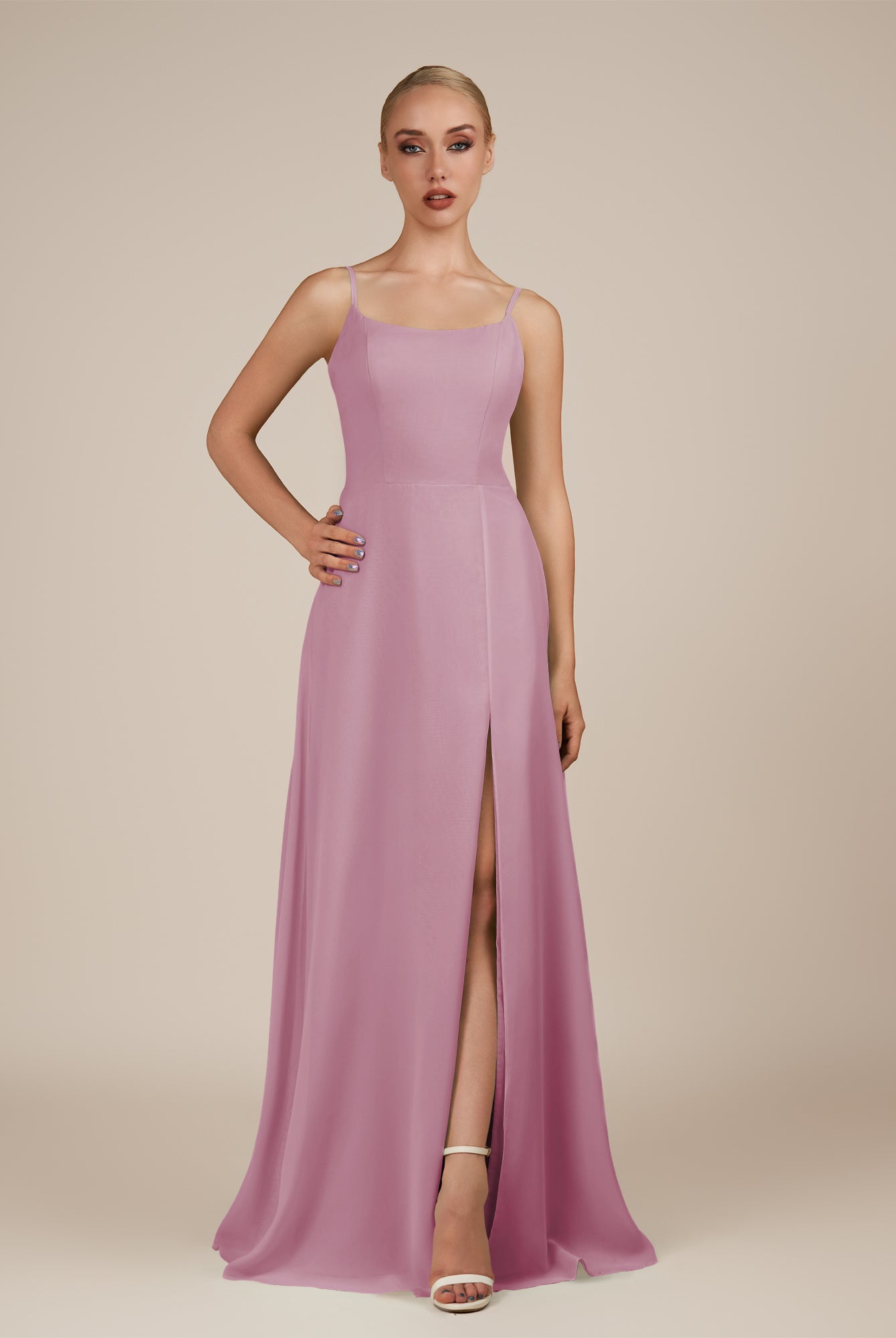 KissDress-Jovienne Vintage Mauve Sheath Scoop Neck Chiffon Long Bridesmaid Dress with Slit
