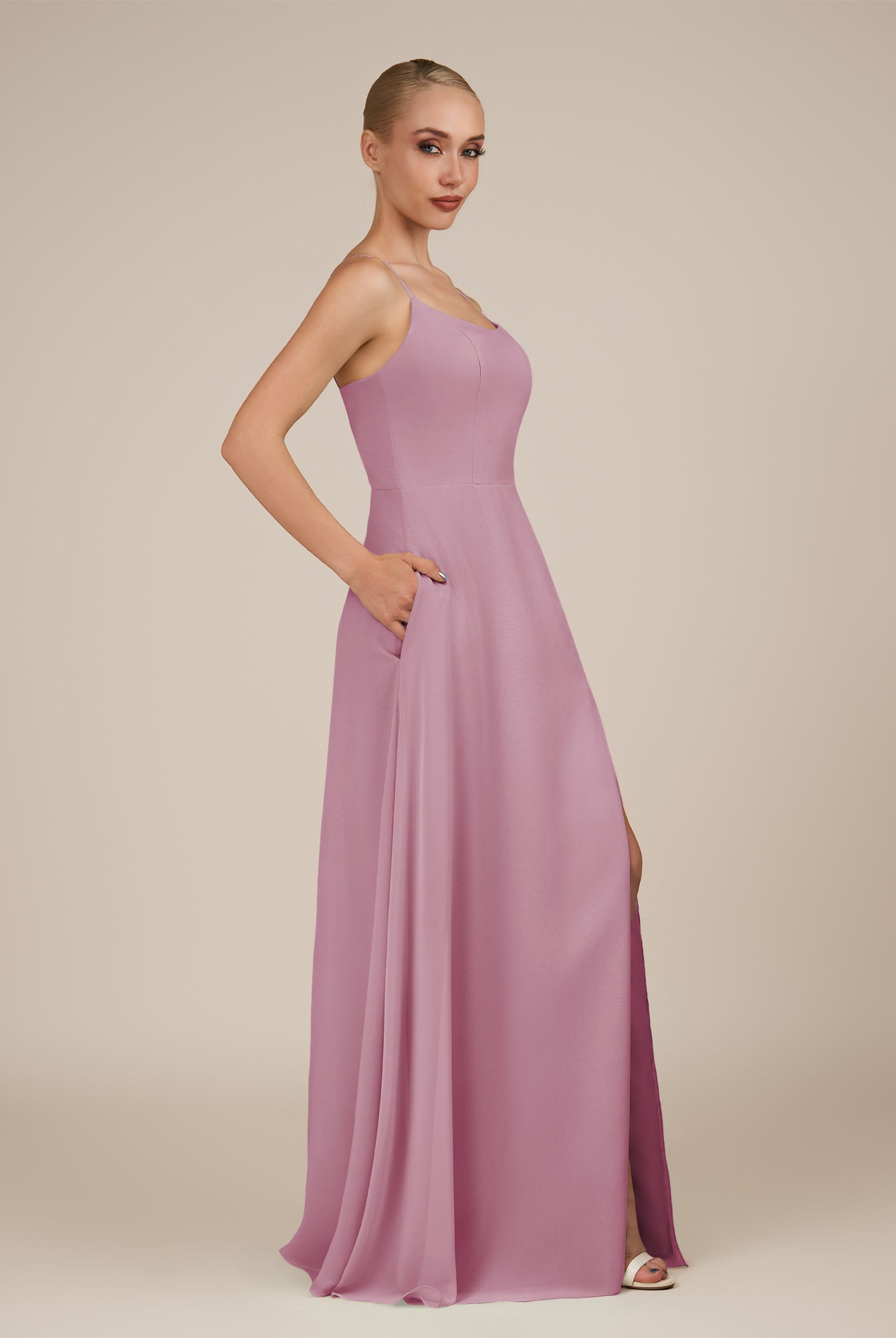 KissDress-Jovienne Vintage Mauve Sheath Scoop Neck Chiffon Long Bridesmaid Dress with Slit