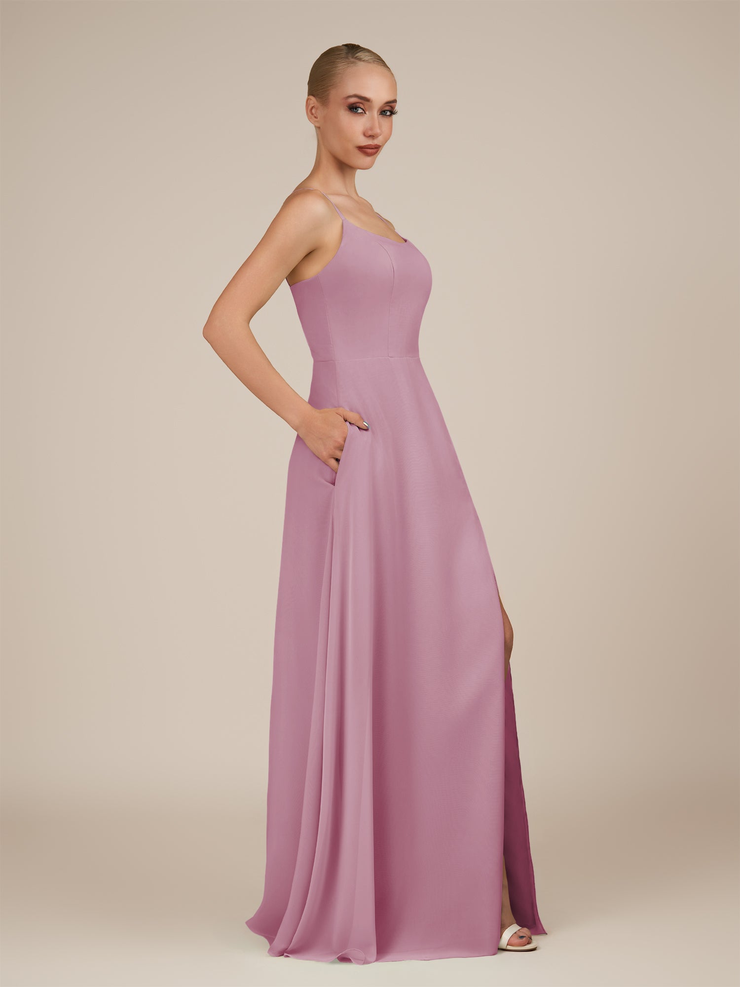 KissDress-Jovienne Vintage Mauve Sheath Scoop Neck Chiffon Long Bridesmaid Dress with Slit