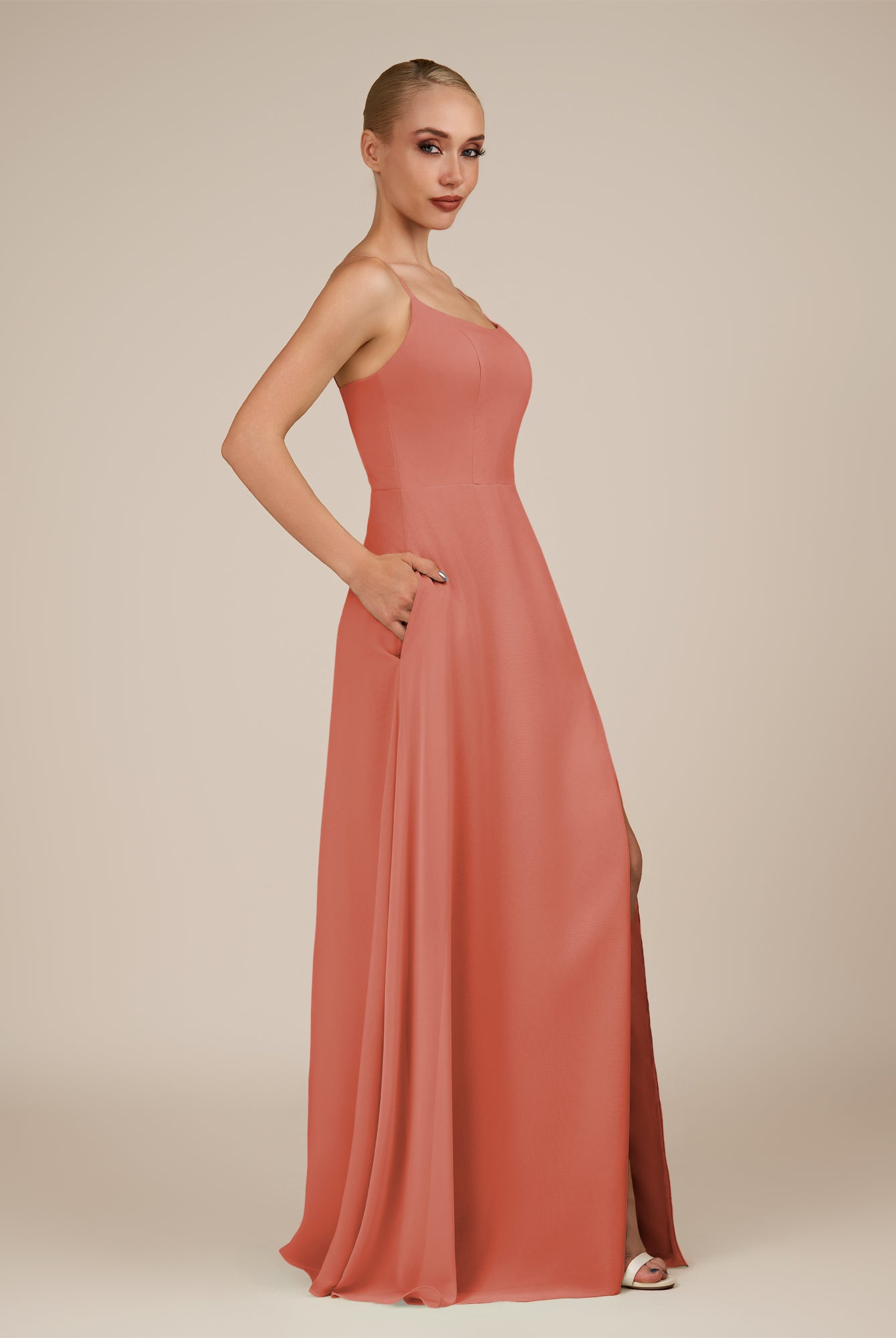 KissDress-Jovienne Wild Rose Sheath Scoop Neck Chiffon Long Bridesmaid Dress with Slit