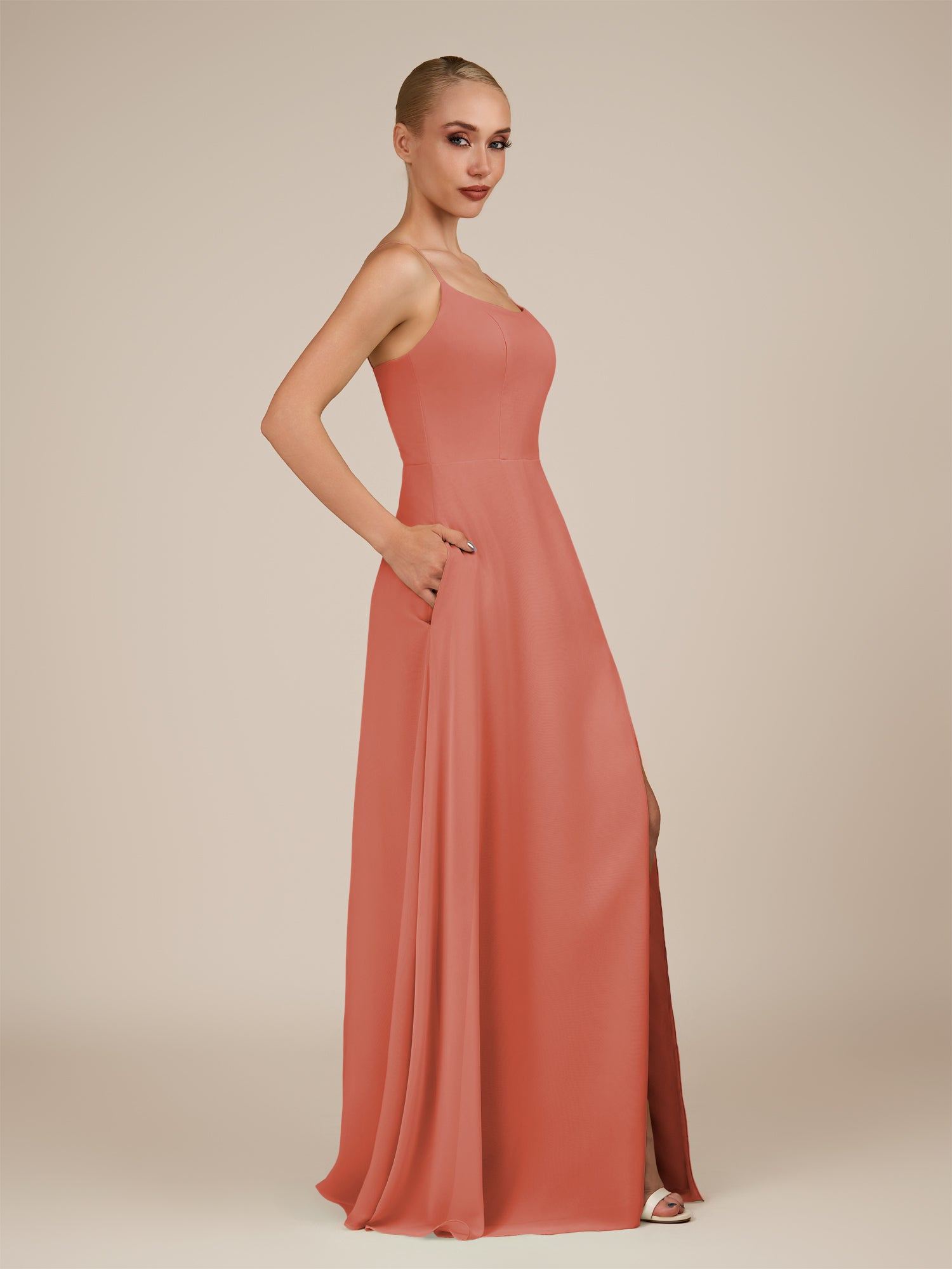 KissDress-Jovienne Wild Rose Sheath Scoop Neck Chiffon Long Bridesmaid Dress with Slit