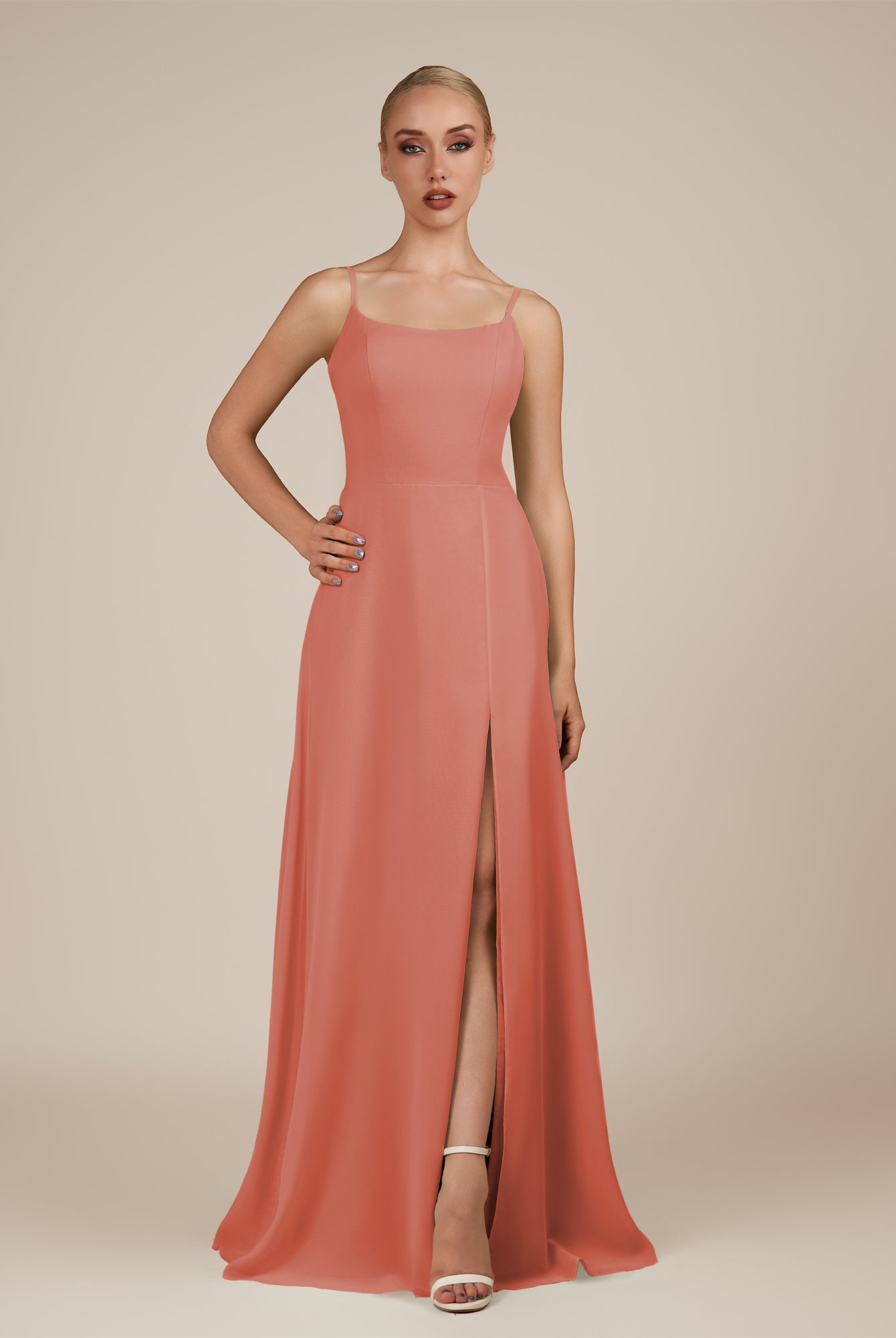 KissDress-Jovienne Wild Rose Sheath Scoop Neck Chiffon Long Bridesmaid Dress with Slit