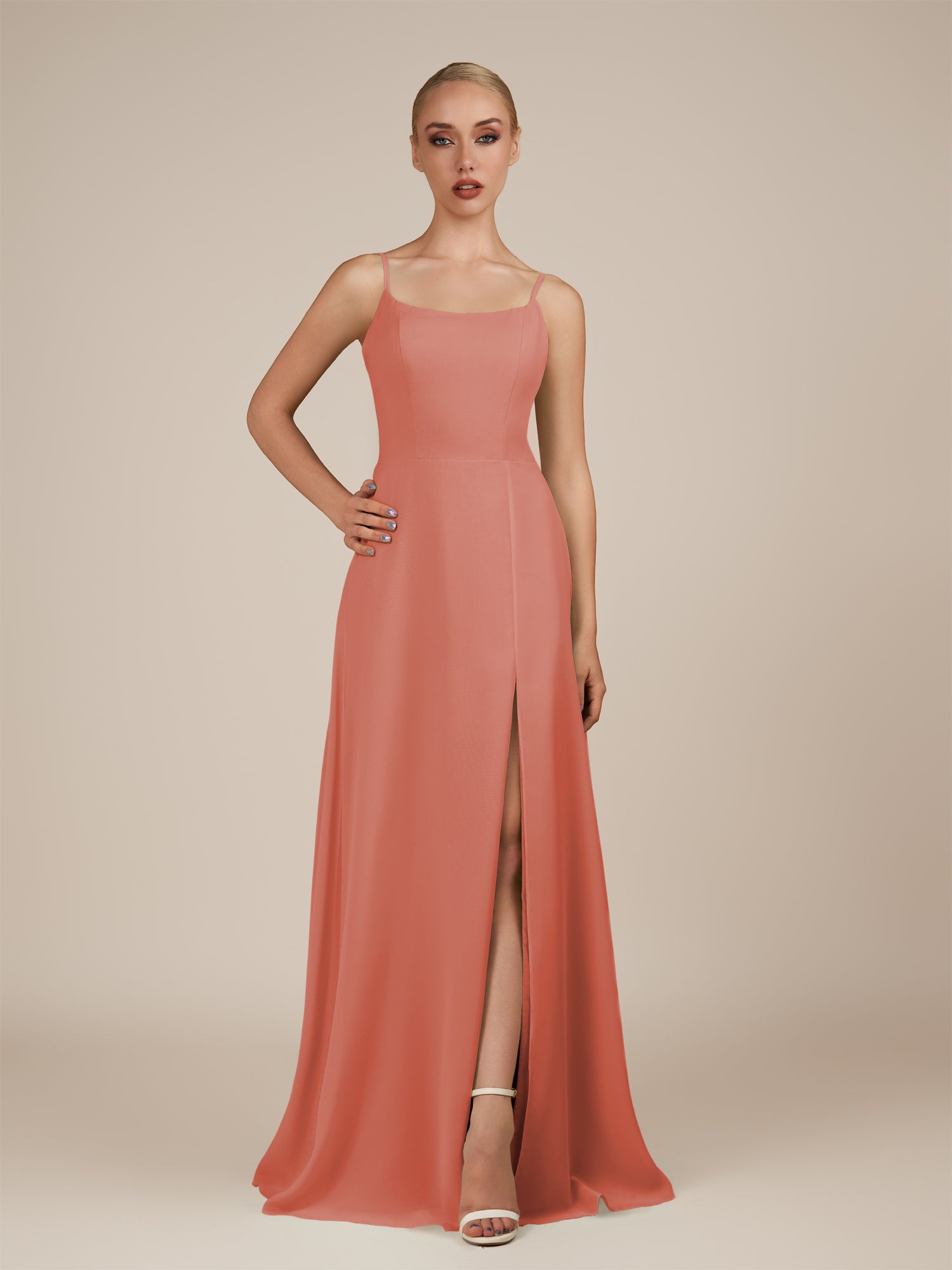 KissDress-Jovienne Wild Rose Sheath Scoop Neck Chiffon Long Bridesmaid Dress with Slit