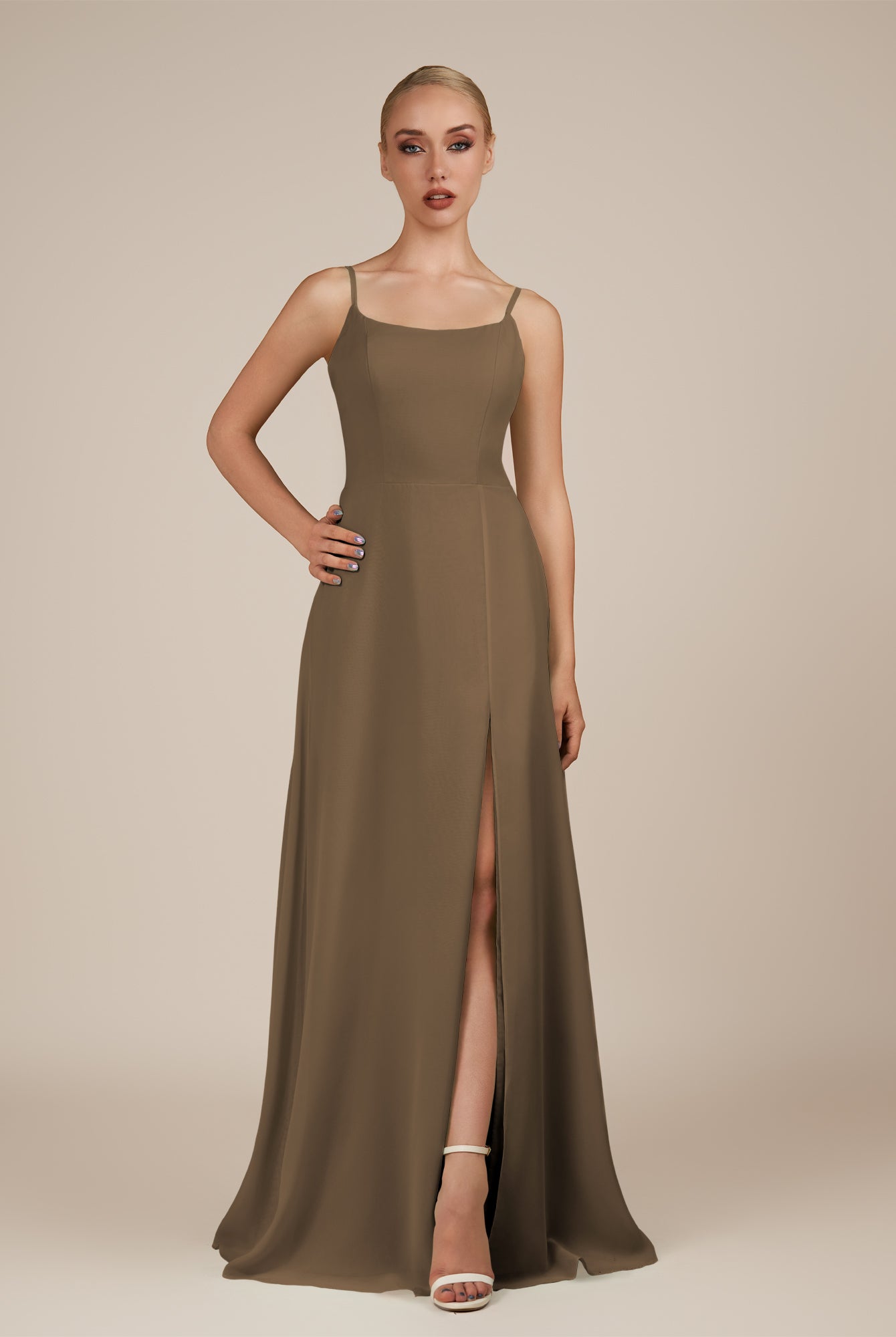 KissDress-Jovienne Willow Green Sheath Scoop Neck Chiffon Long Bridesmaid Dress with Slit