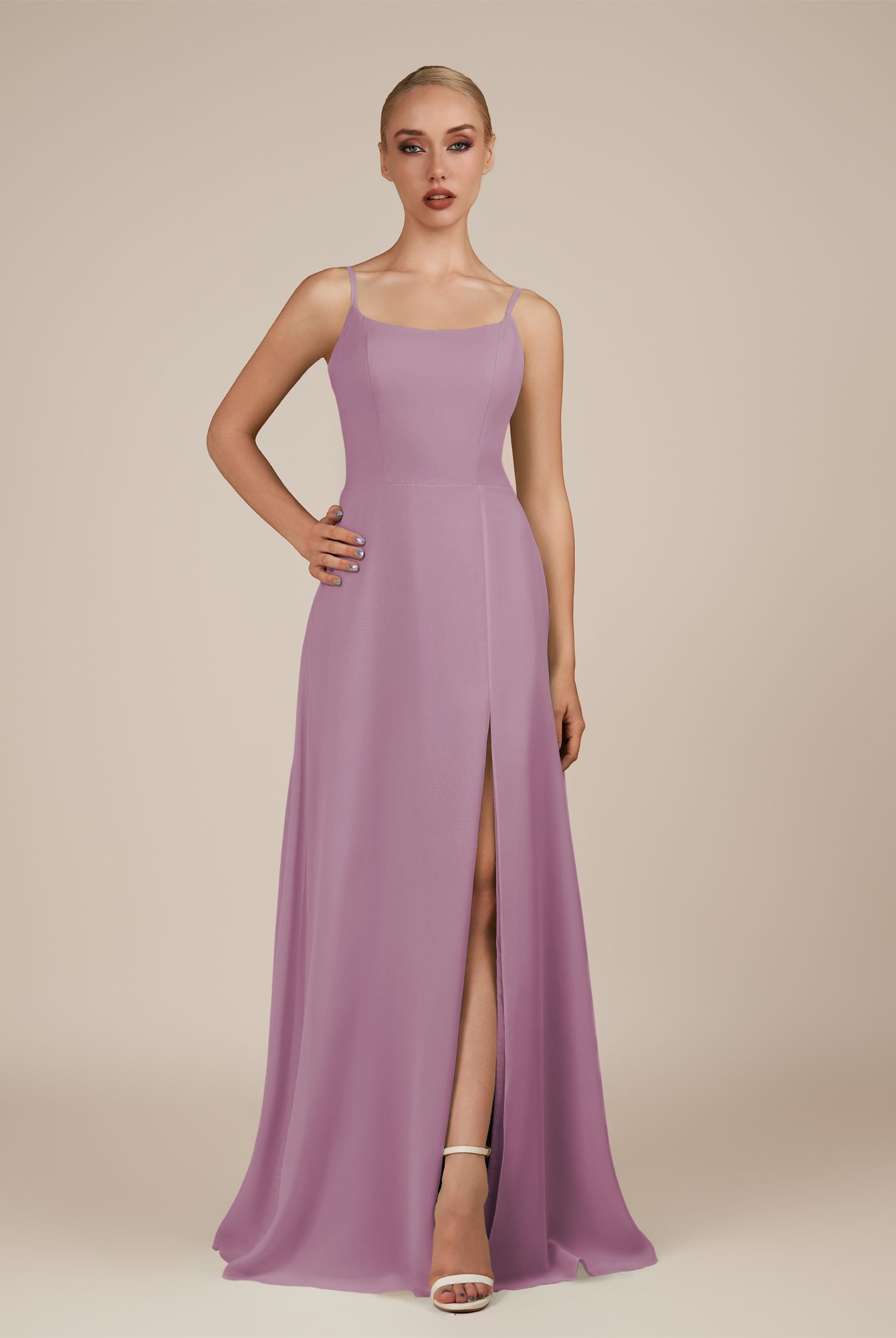 KissDress-Jovienne Wisteria Sheath Scoop Neck Chiffon Long Bridesmaid Dress with Slit