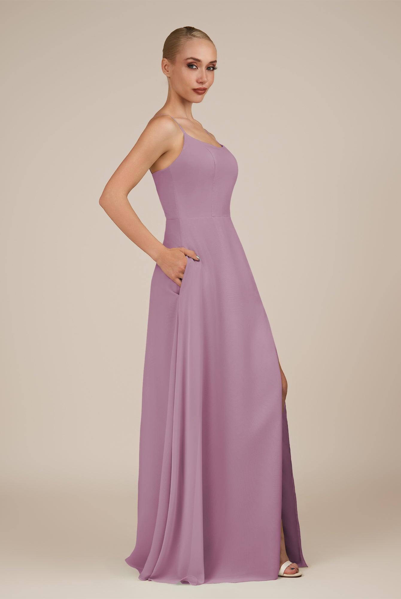 KissDress-Jovienne Wisteria Sheath Scoop Neck Chiffon Long Bridesmaid Dress with Slit