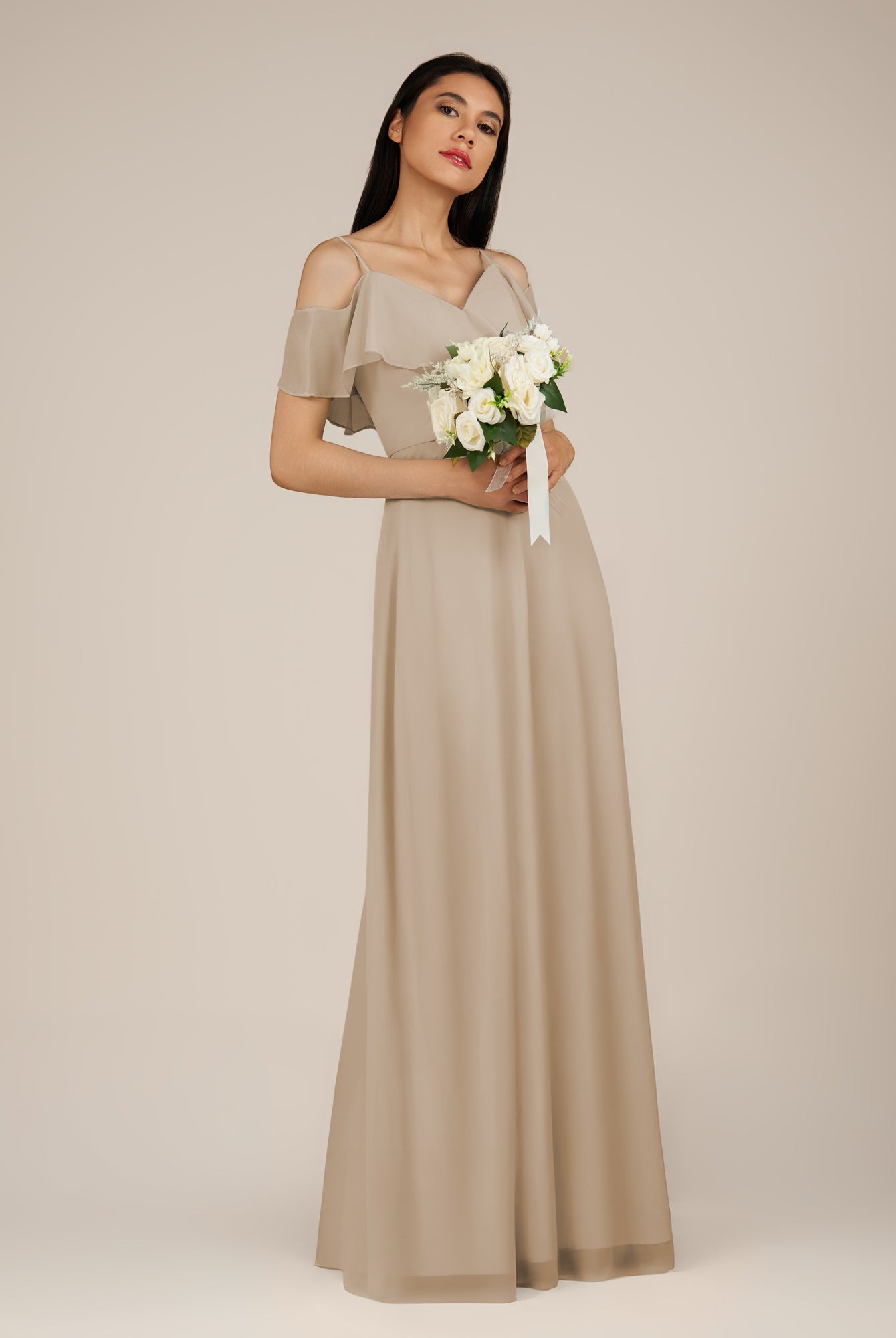 KissDress-Junessa Almond A Line Off the Shoulder Chiffon Long Bridesmaid Dress with Ruffles